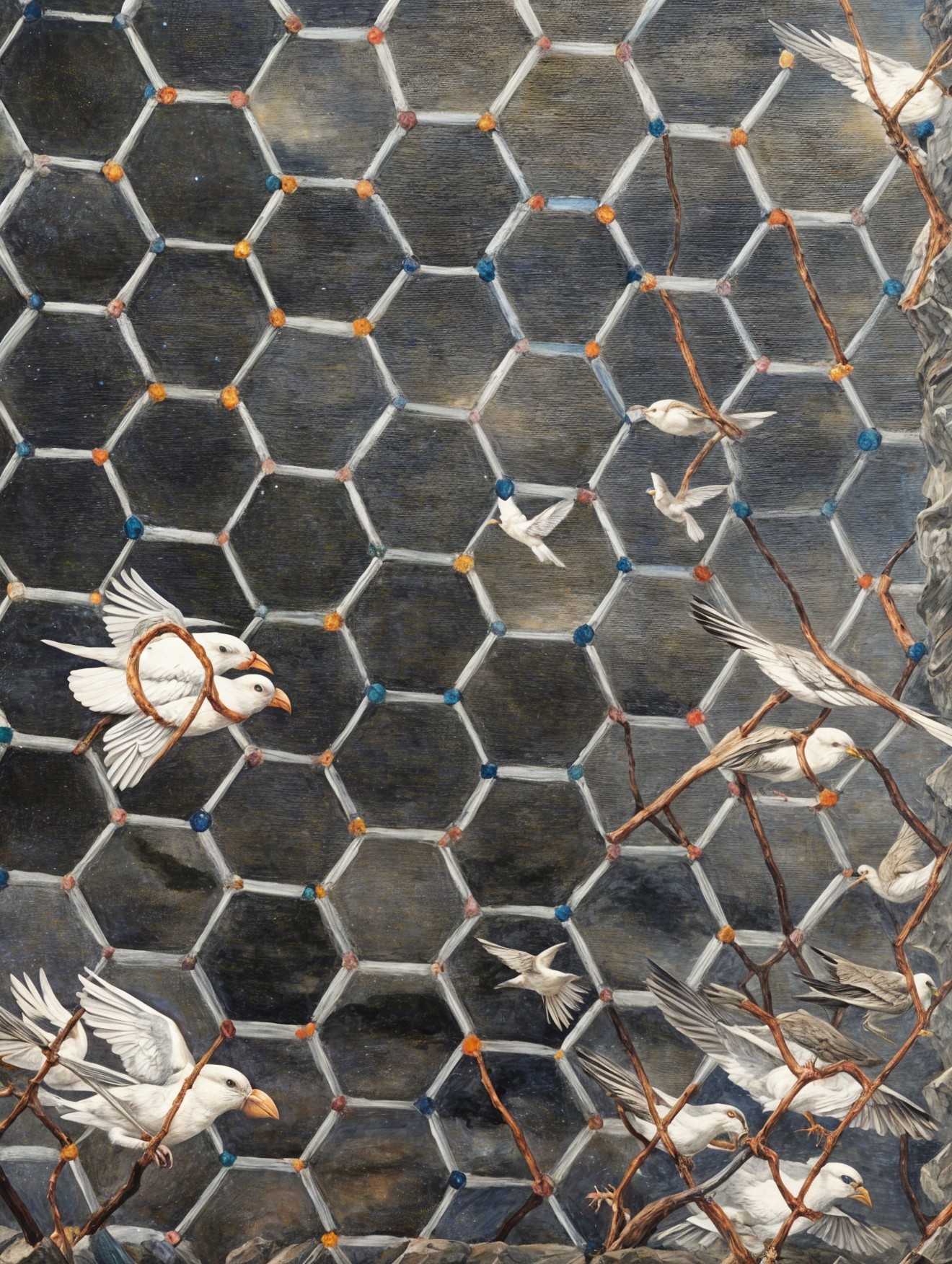 Intricate Mural with Hexagonal Pattern and Gemstones