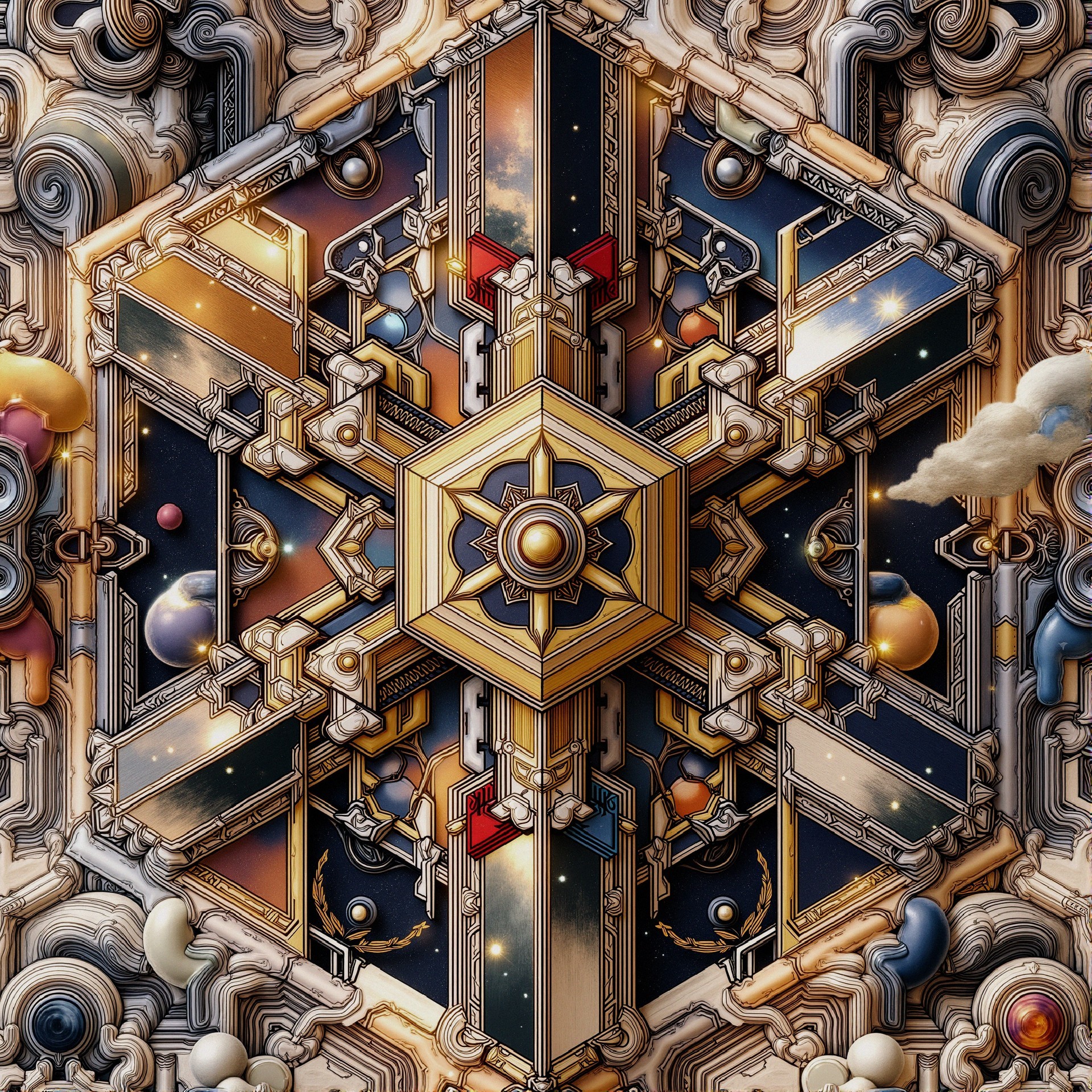 Geometric Hexagonal Design with Celestial Motifs