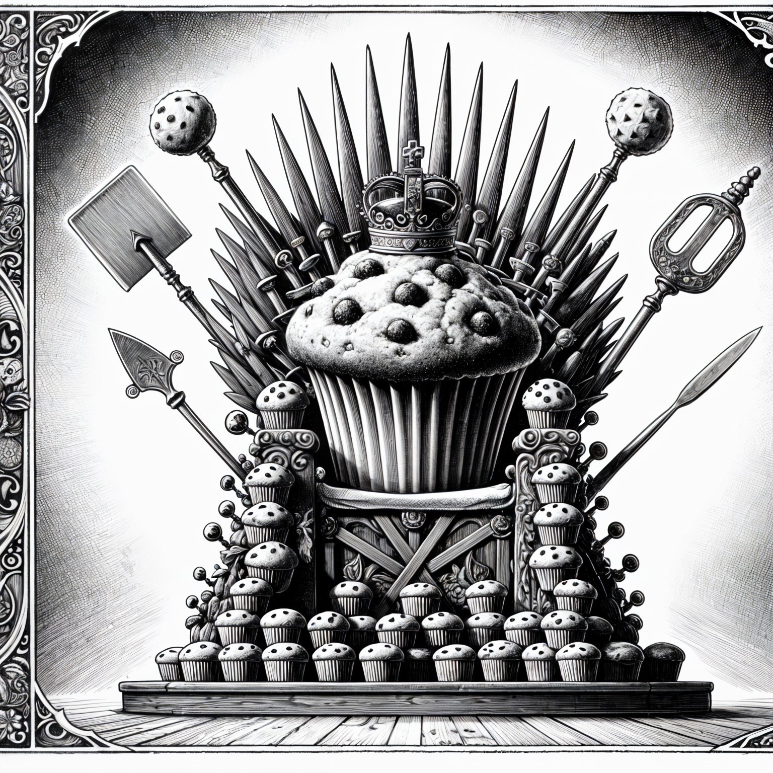 Monochromatic Illustration of Muffin on Throne