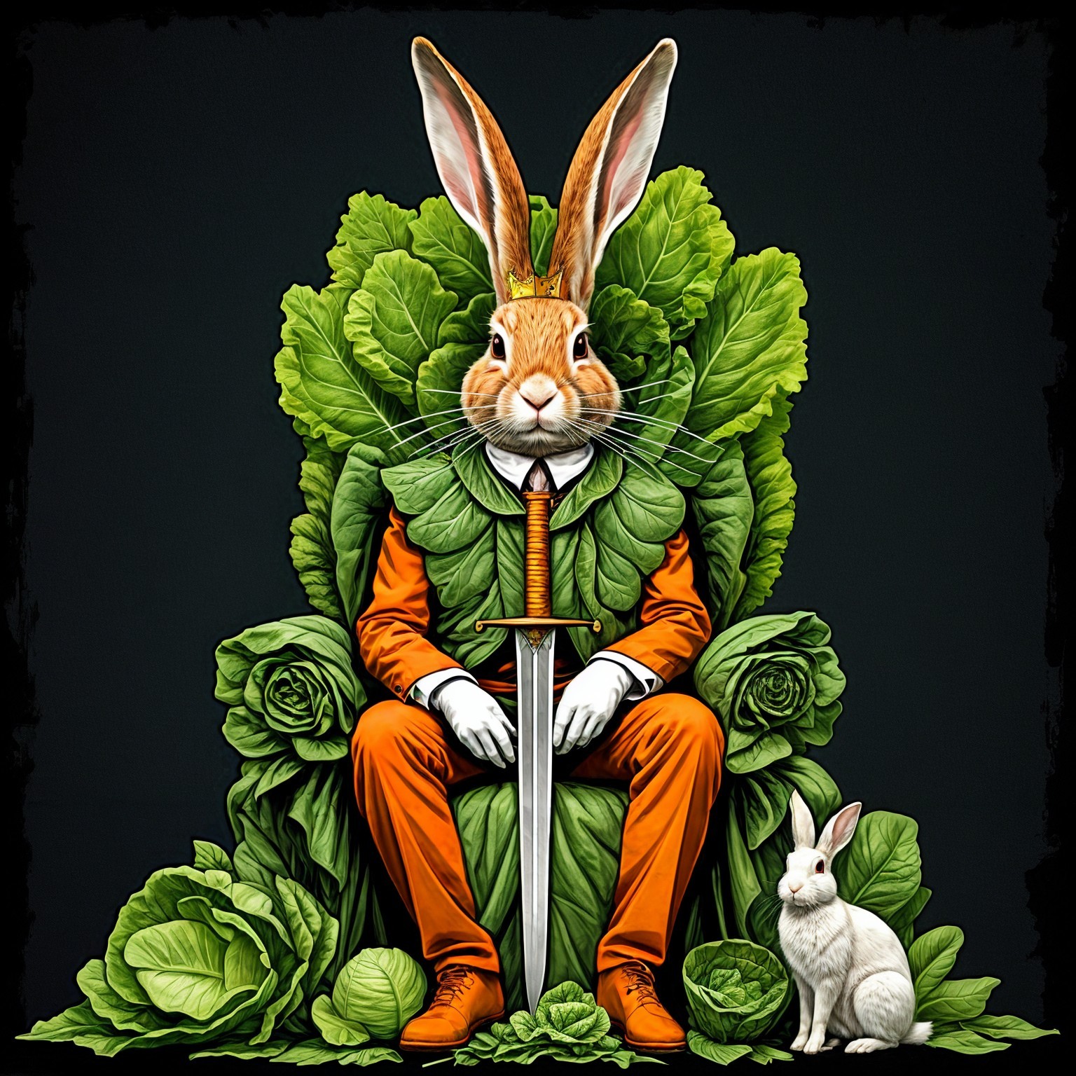 Whimsical Figure with Rabbit Head on Cabbage Throne