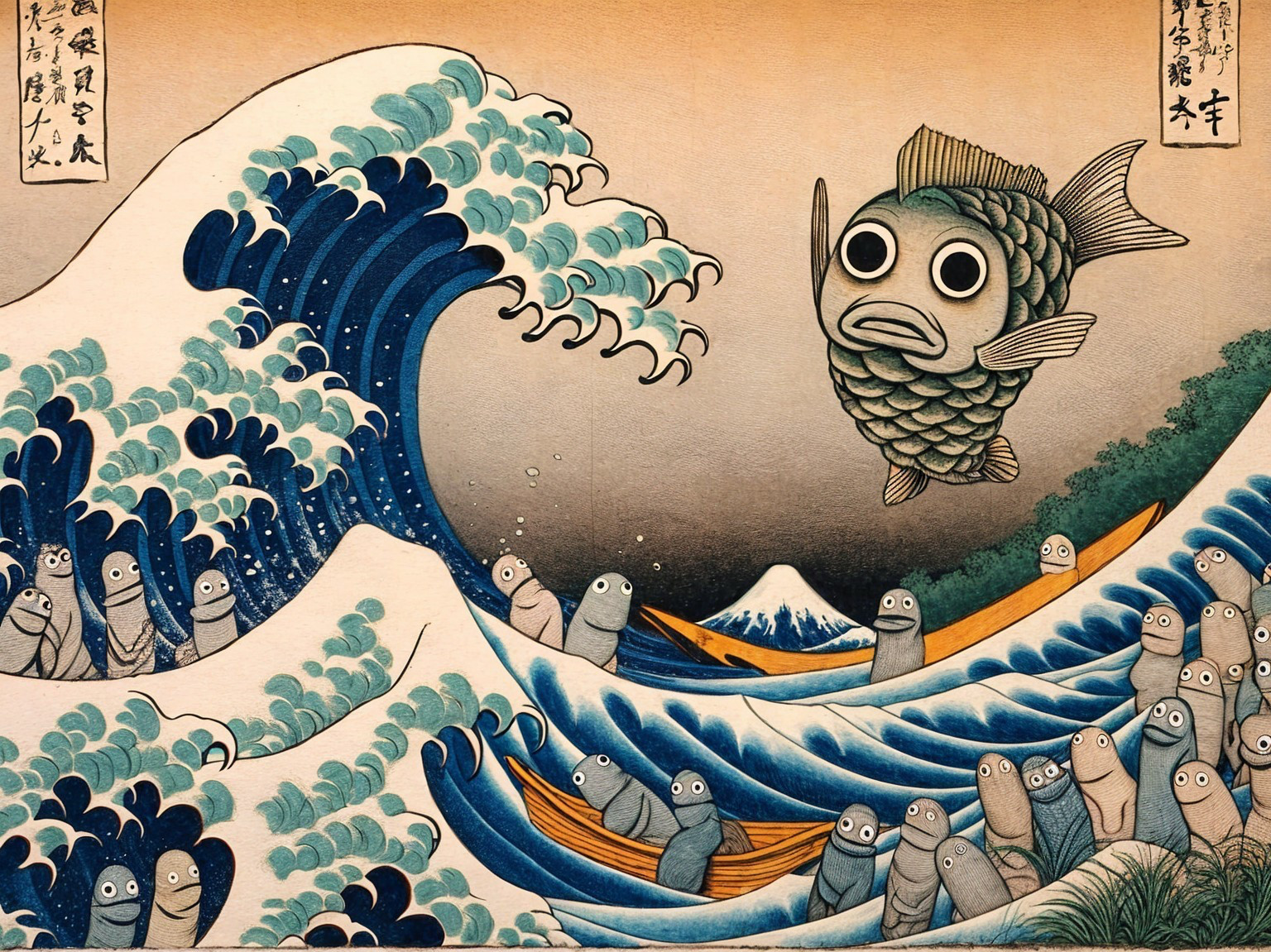 Vibrant Ukiyo-e Waves with Fish and Mount Fuji