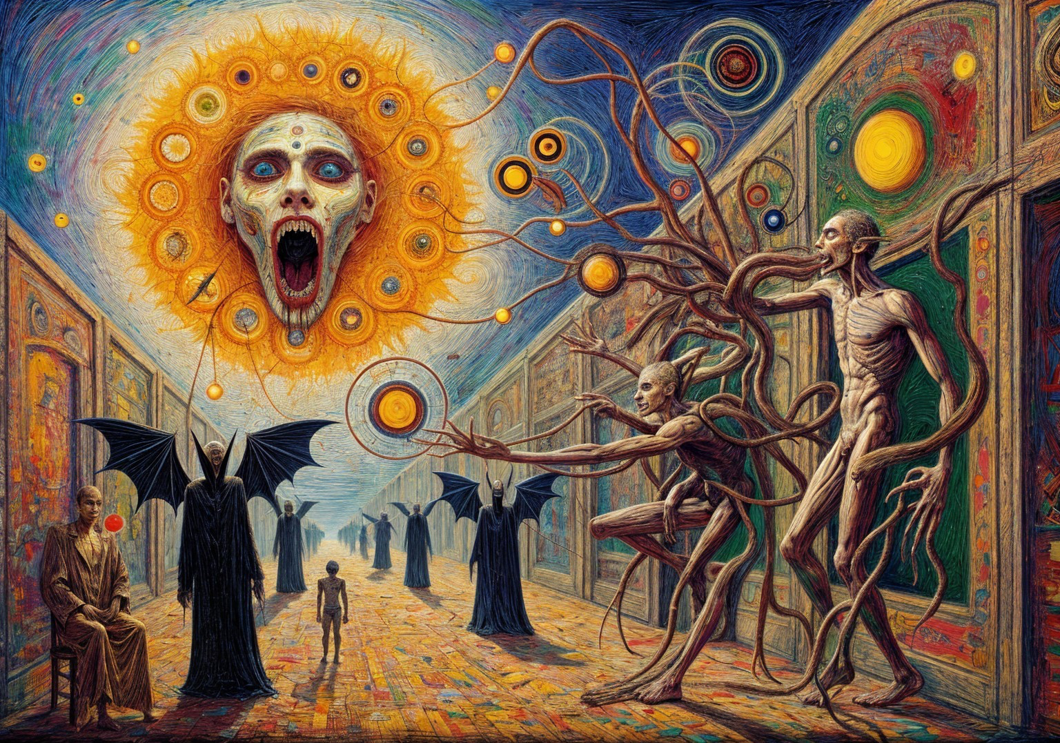Surreal Gallery Scene with Grotesque Figures and Trees