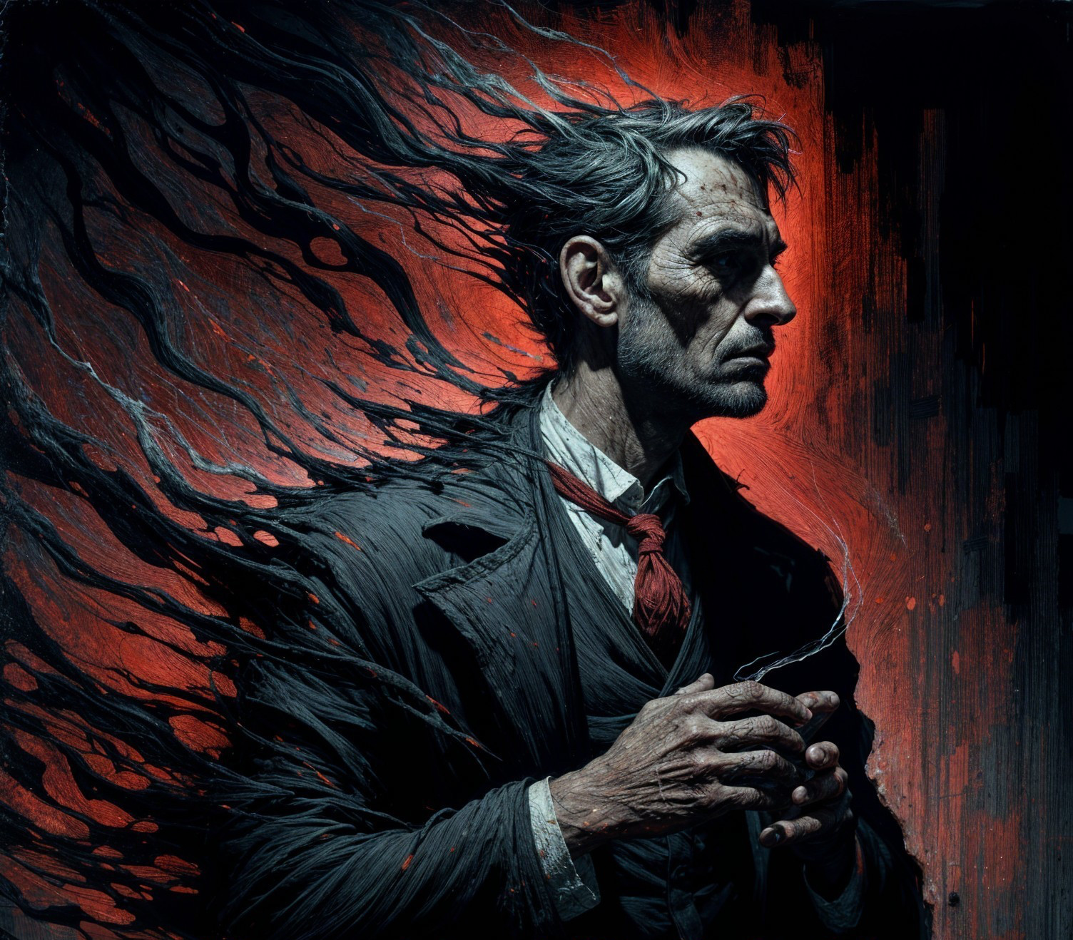 Somber Figure with Windswept Hair and Dark Background