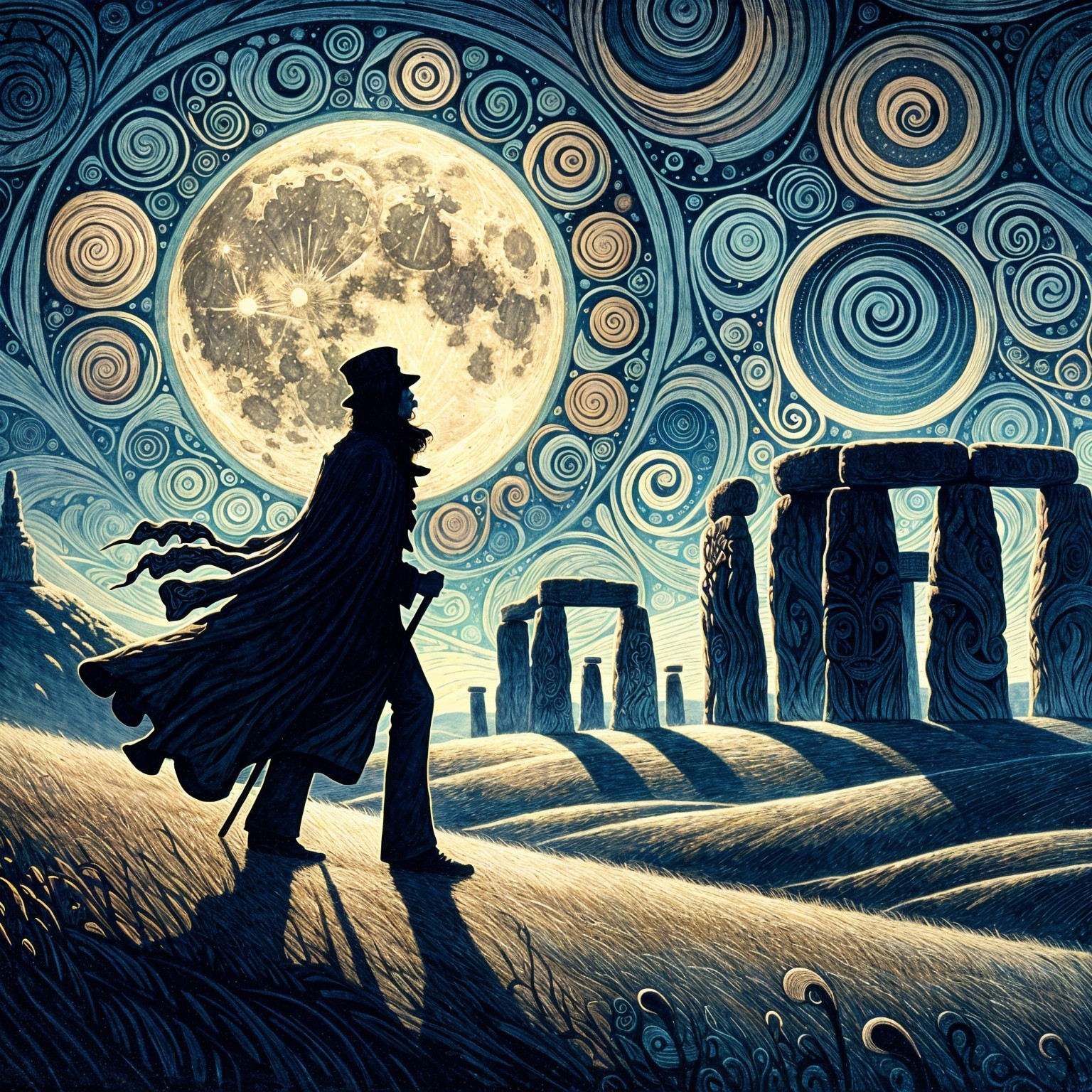 Surreal Landscape with a Figure and Glowing Moon