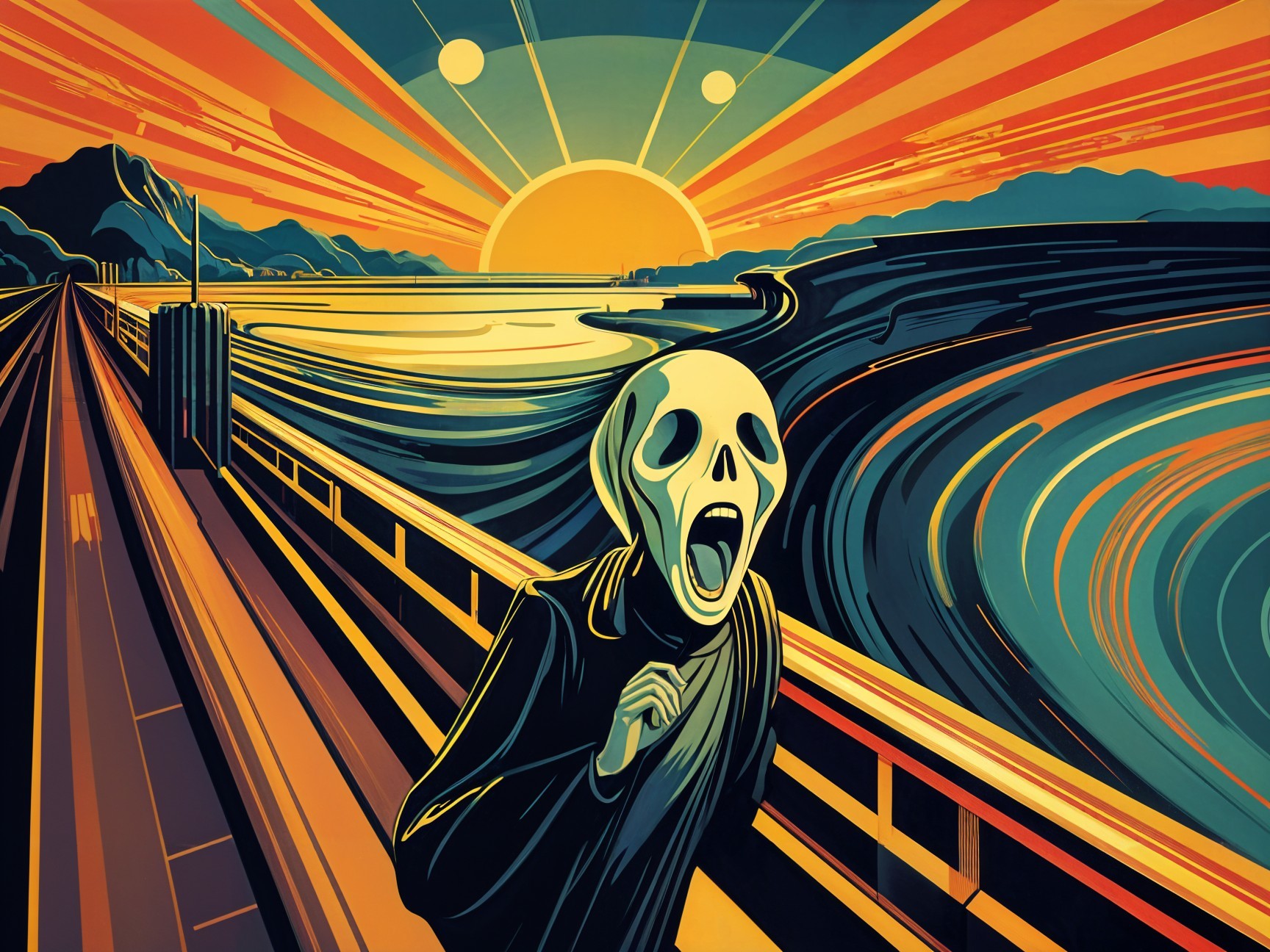 Surreal Landscape with Skull Figure and Sunset Colors