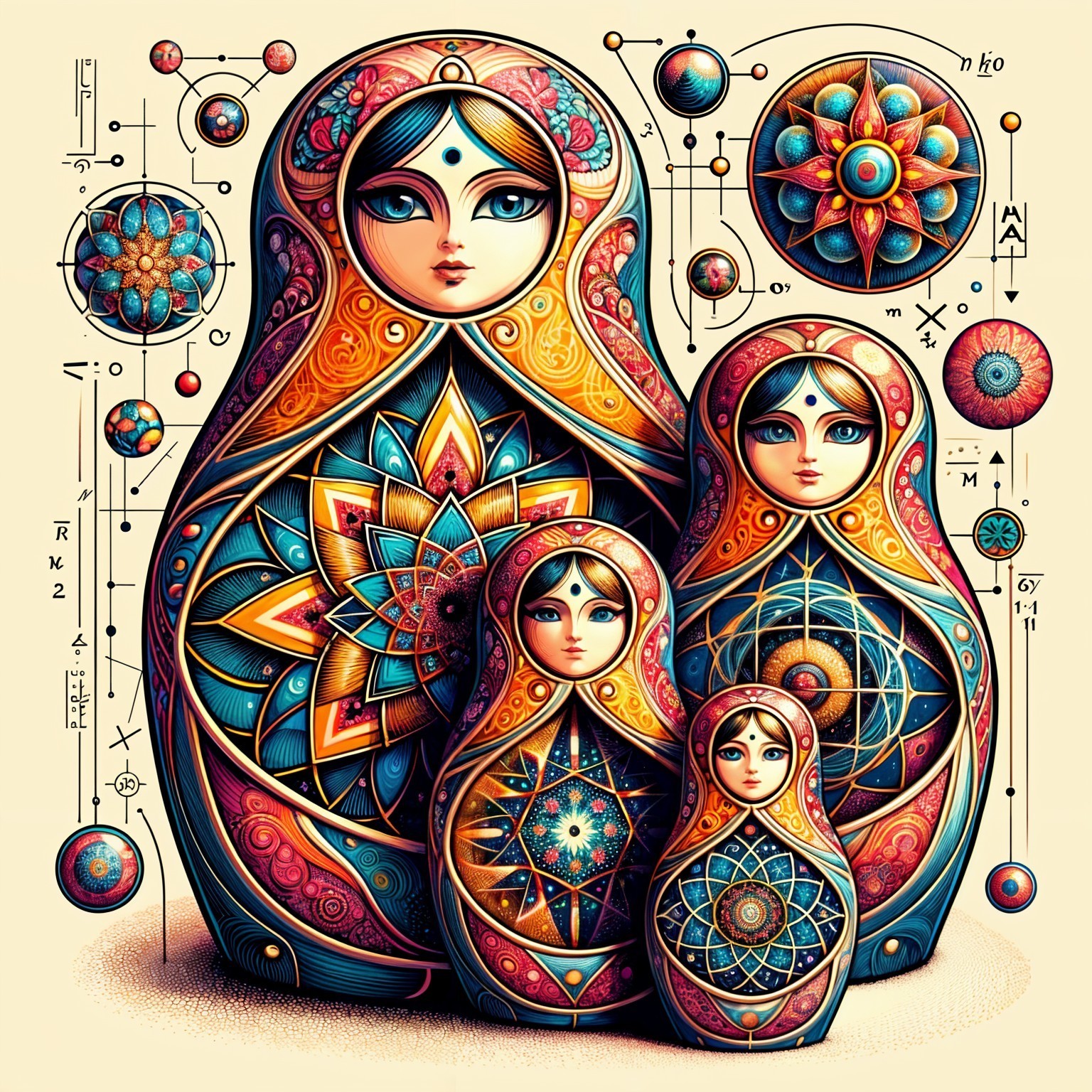 Intricately Designed Russian Nesting Dolls with Symbols