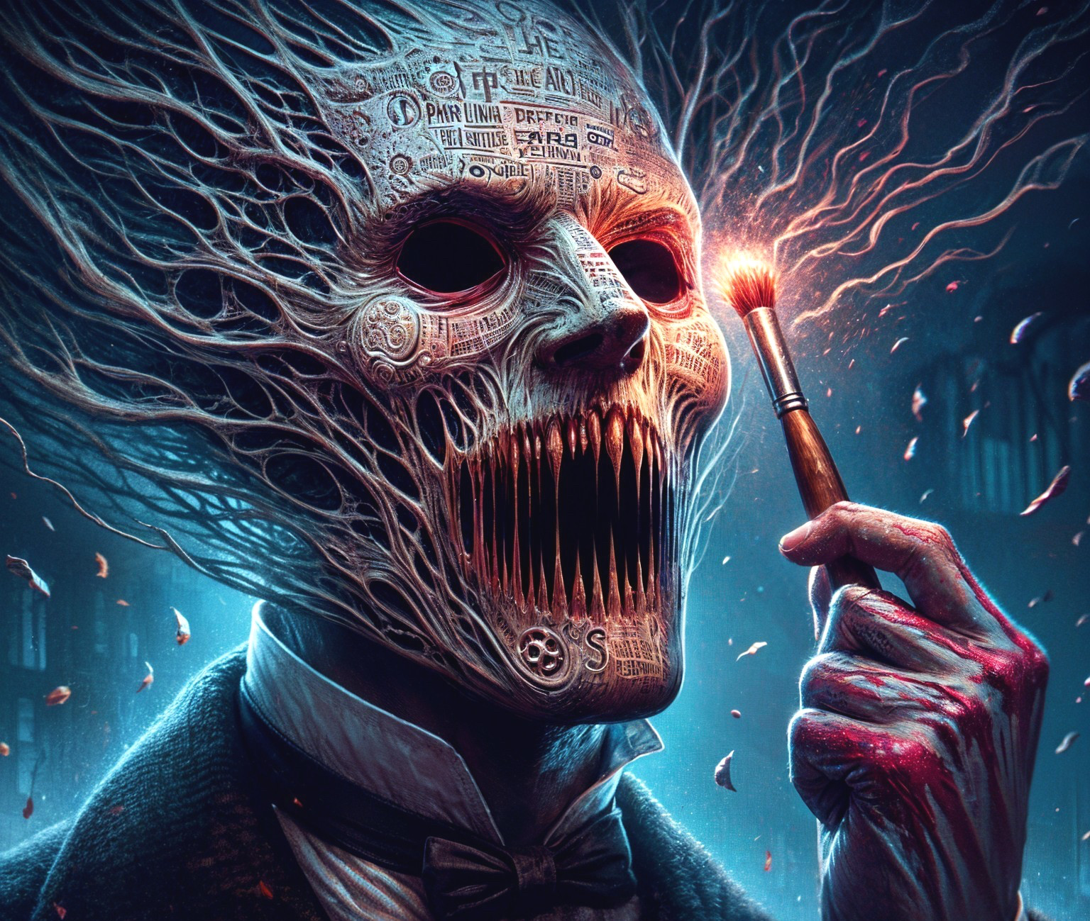 Surreal Figure with Skeletal Face and Dark Atmosphere