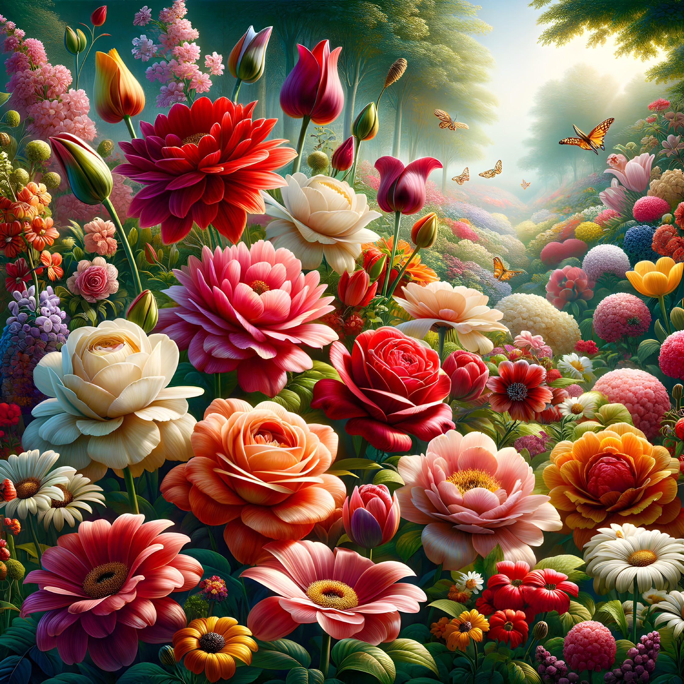 Assorted blooming flowers with greenery and butterflies in soft sunlight