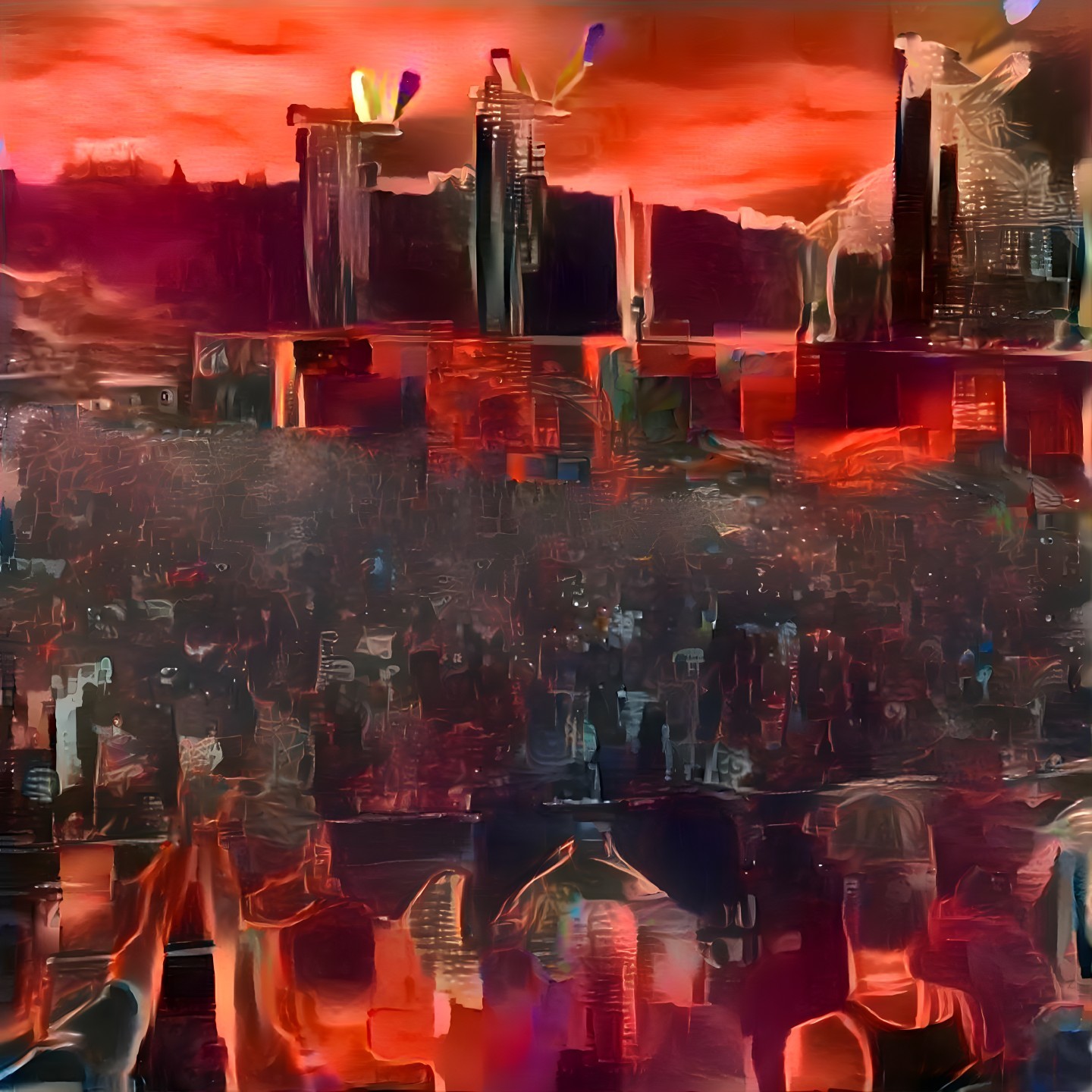 Surreal cityscape with dark swirling colors and haze