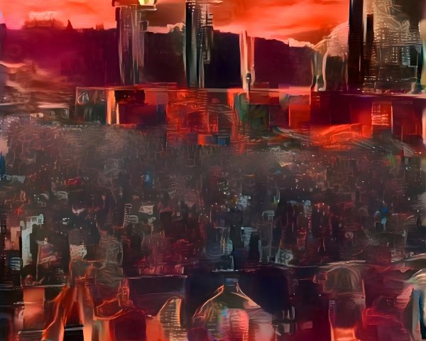 Surreal cityscape with dark swirling colors and haze
