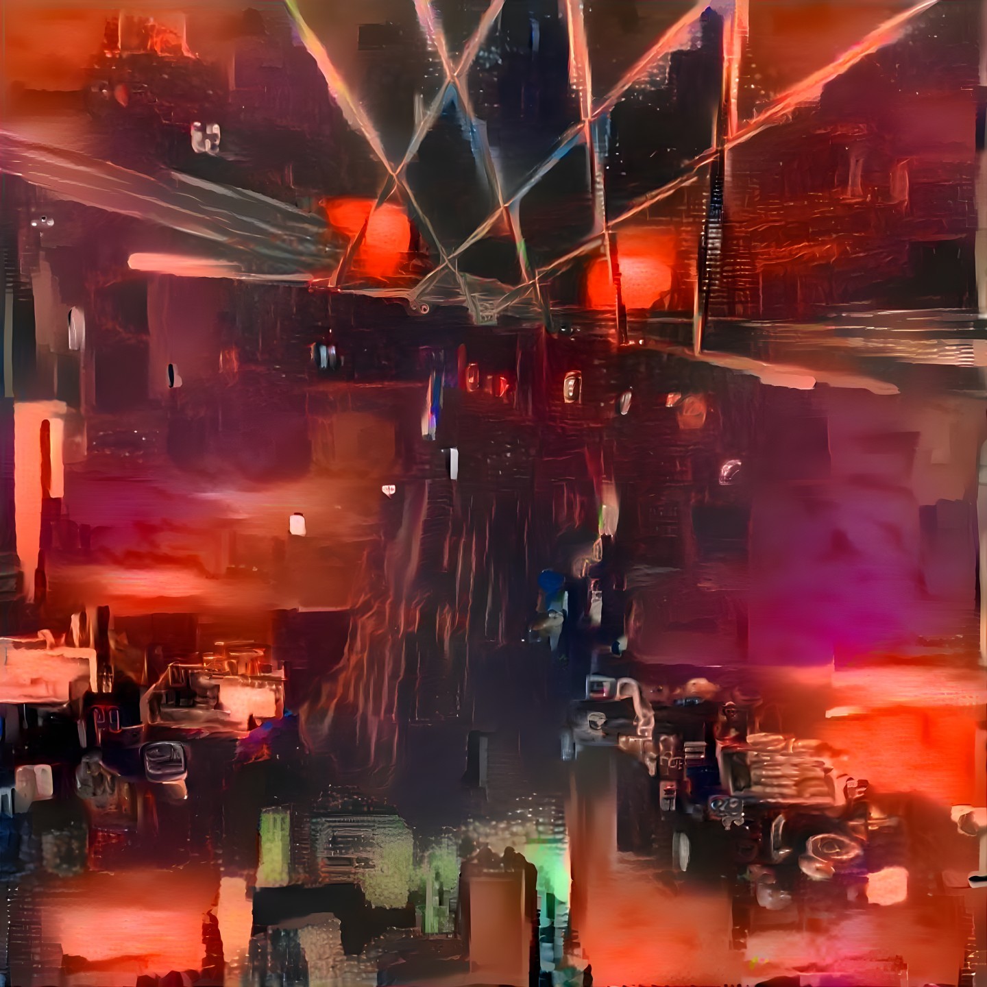 Abstract Cityscape in Bold Red and Orange Hues