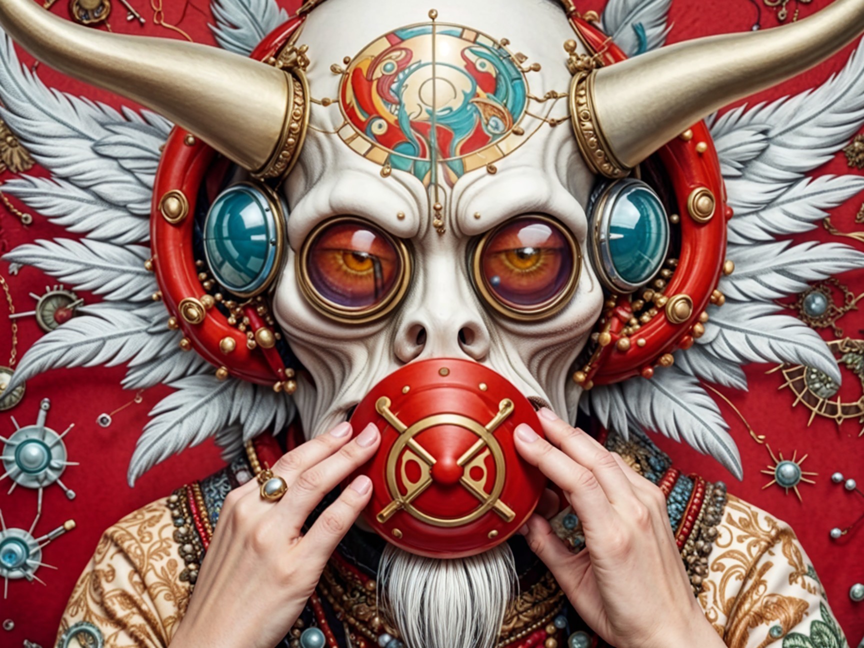 Intricate Mask Artwork with Horns and Colorful Gems