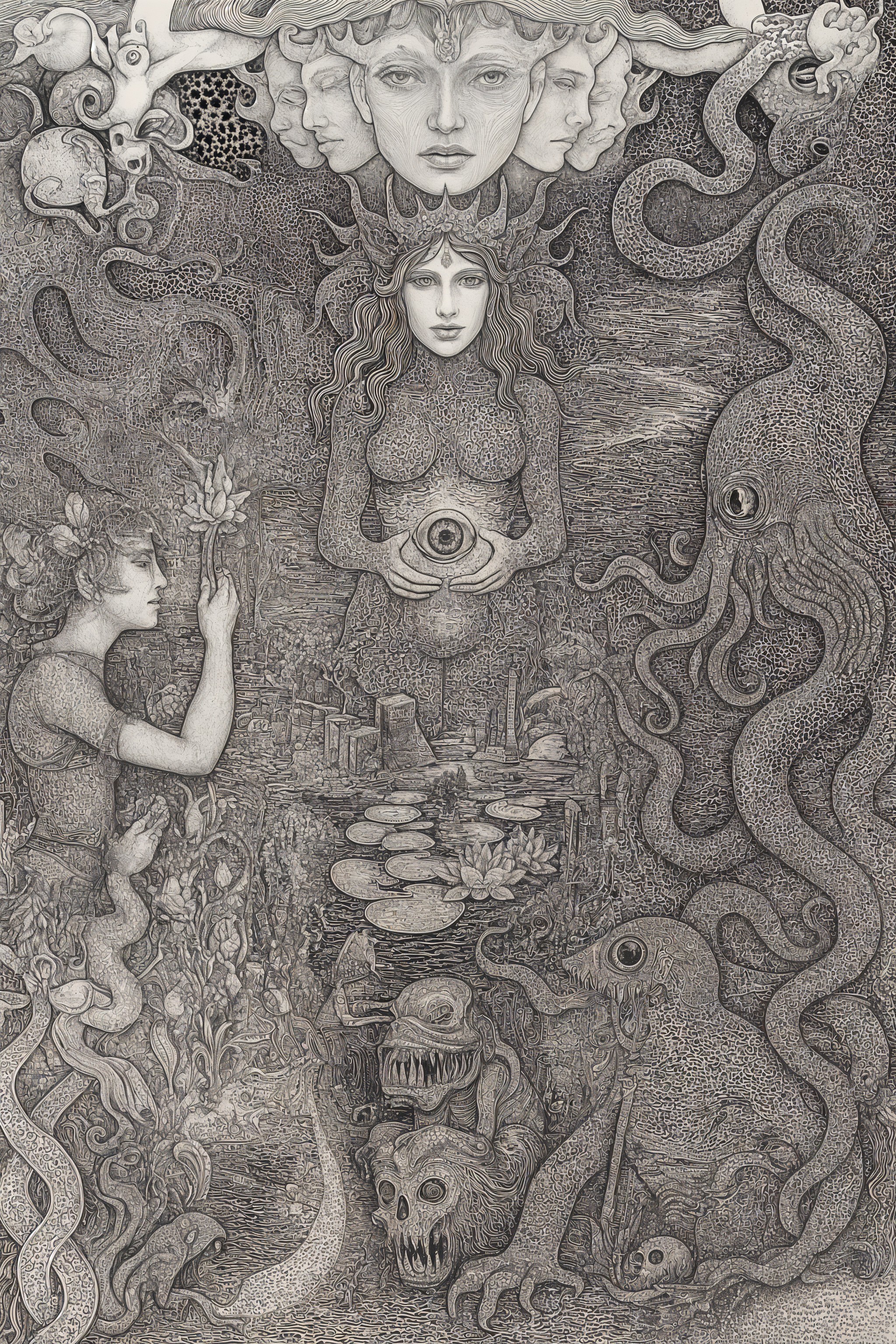 Surreal Landscape with Mysterious Woman and Nature Elements