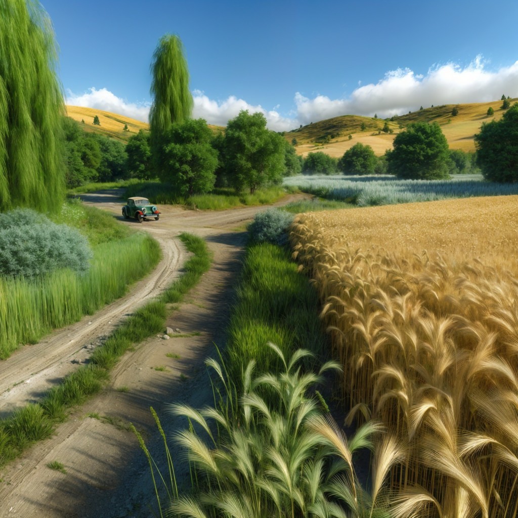Serene Rural Landscape with Winding Road and Fields