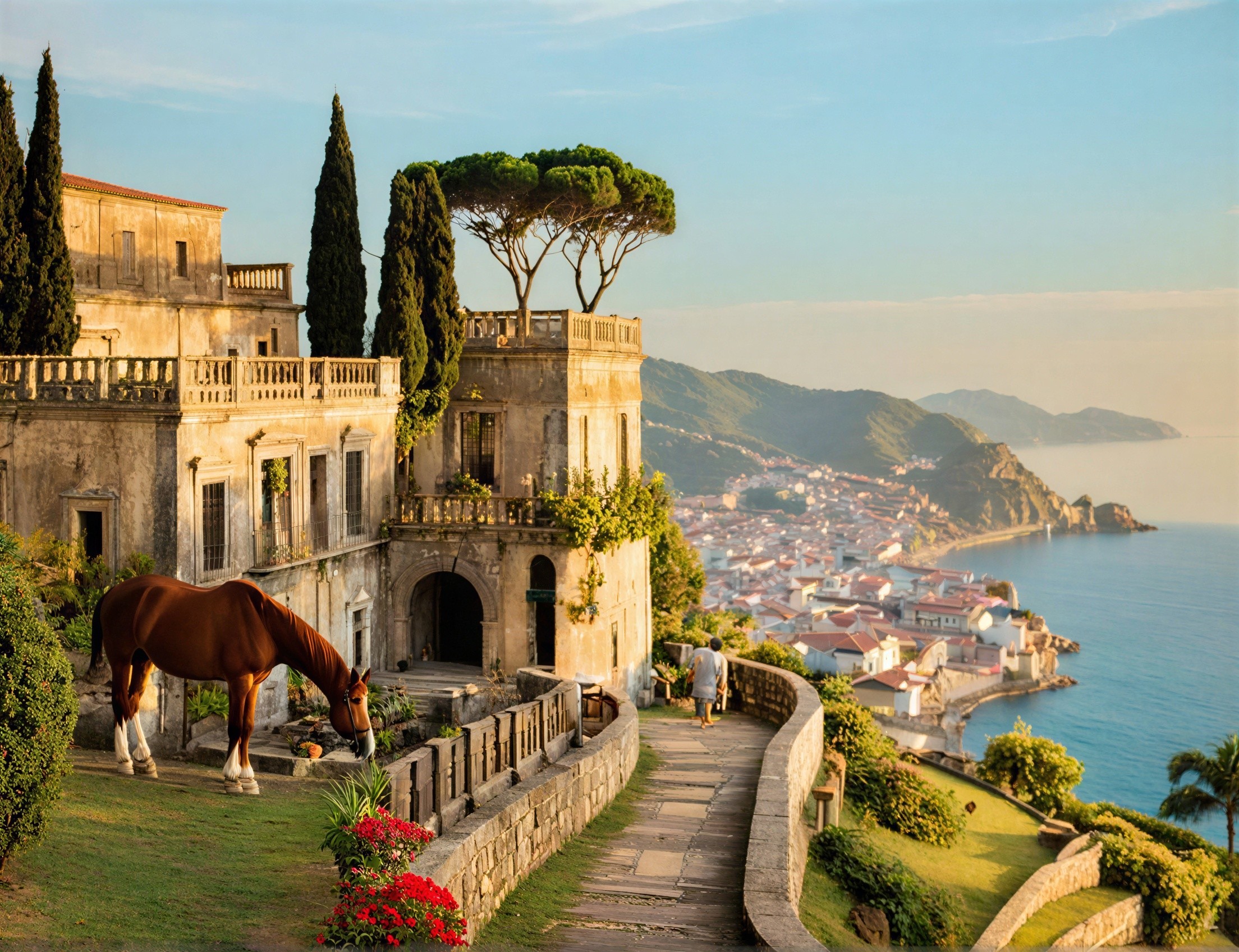 Grand Stone Manor Overlooking Coastal Town and Sea