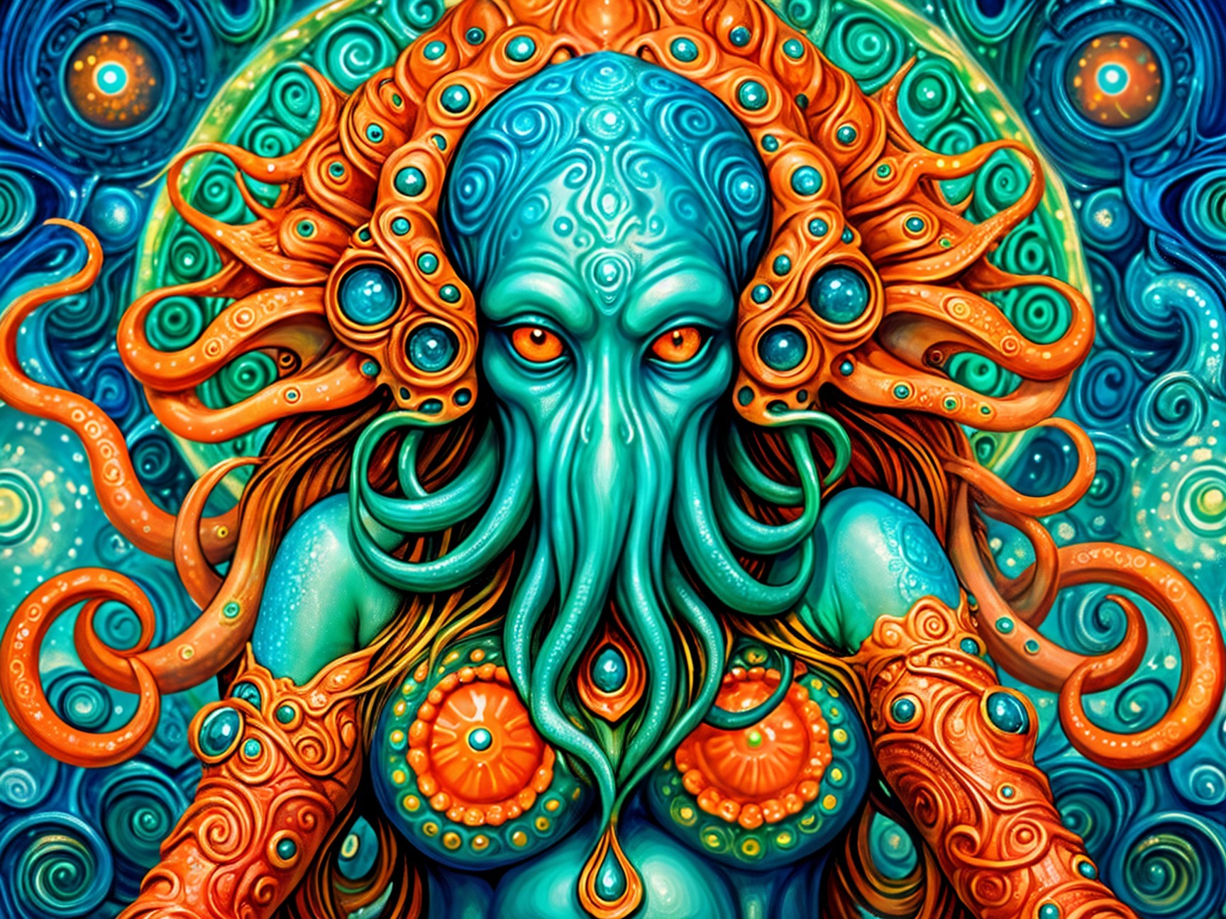 Surreal depiction of a colorful mythical sea creature