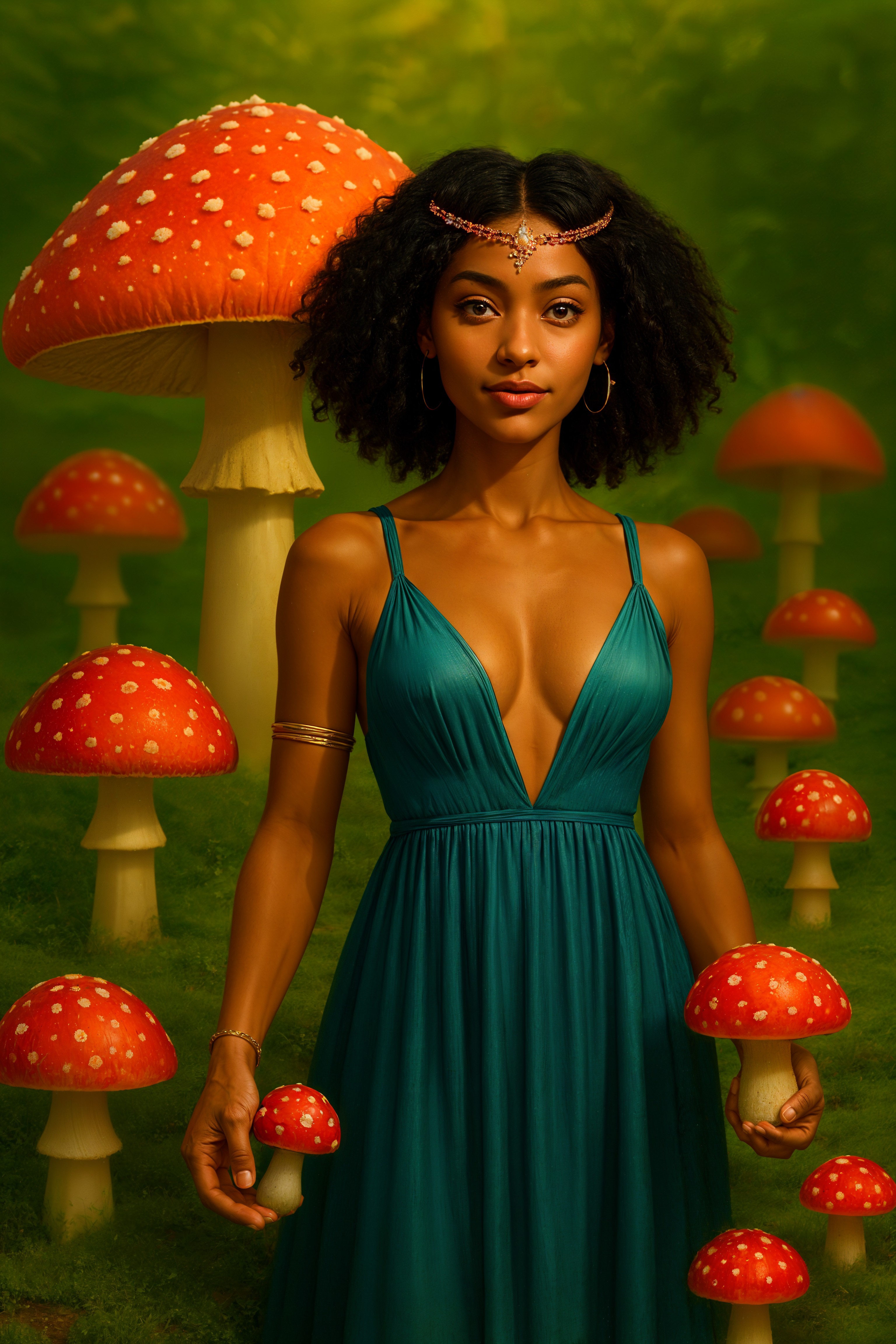 Woman in Teal Dress Among Vibrant Red Mushrooms