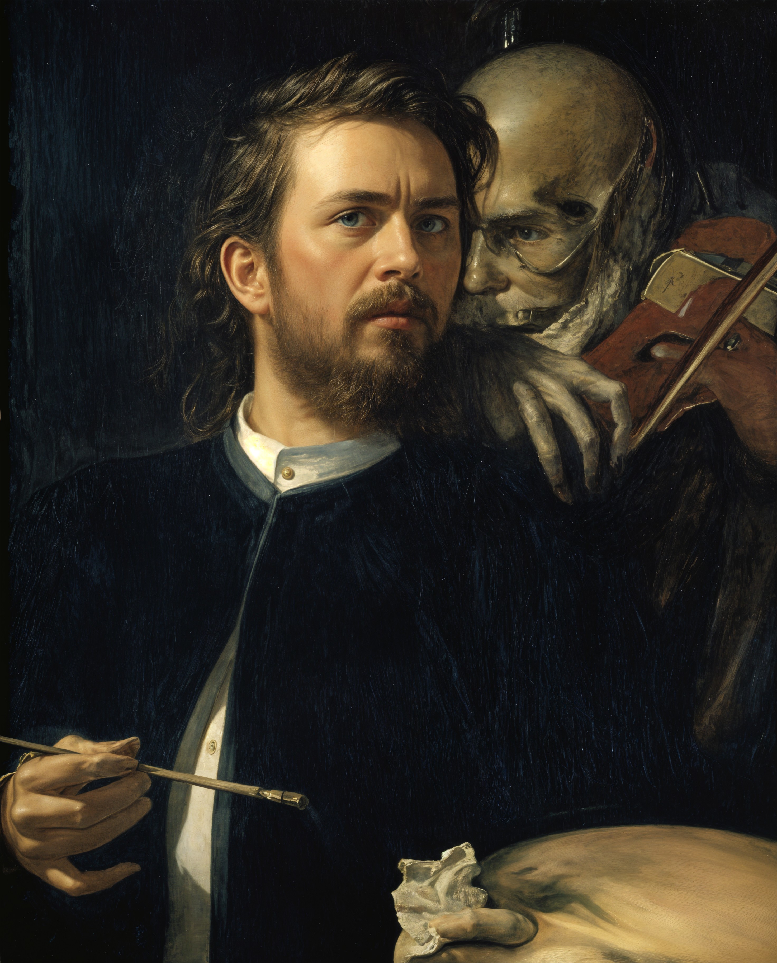 Contemplative Artist with Violin in Dark Setting