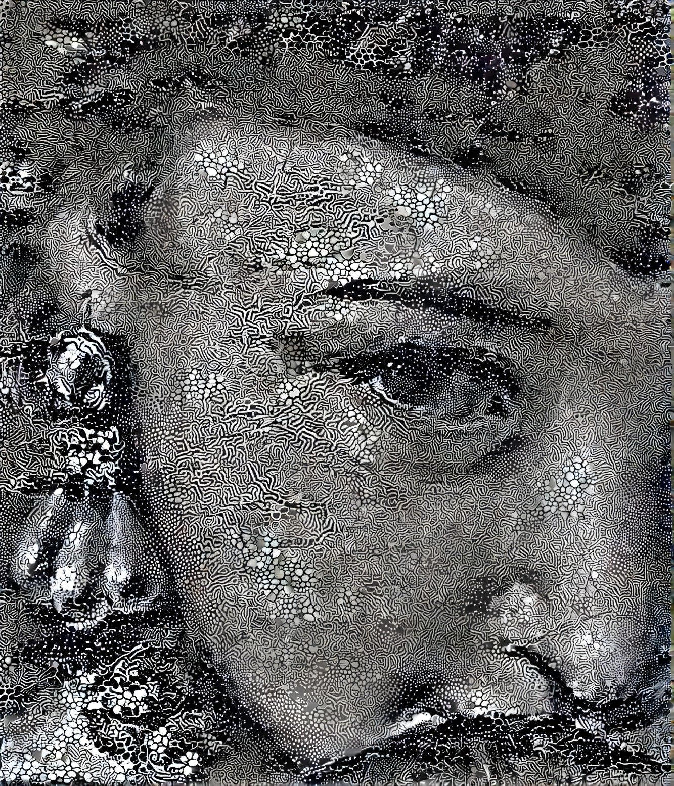 Black-and-White Portrait with Abstract Patterns and Depth