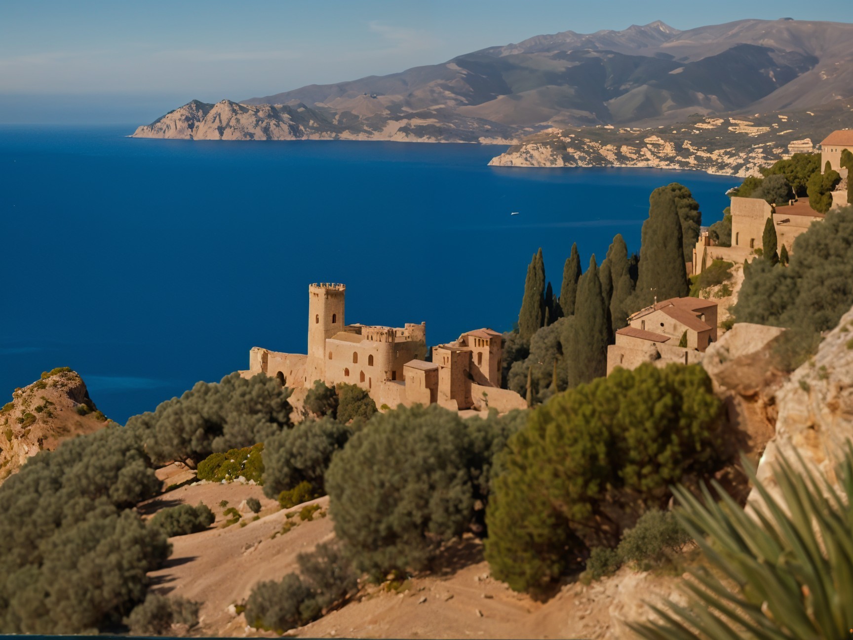 Medieval Fort on Hillside Overlooking Dark Blue Sea