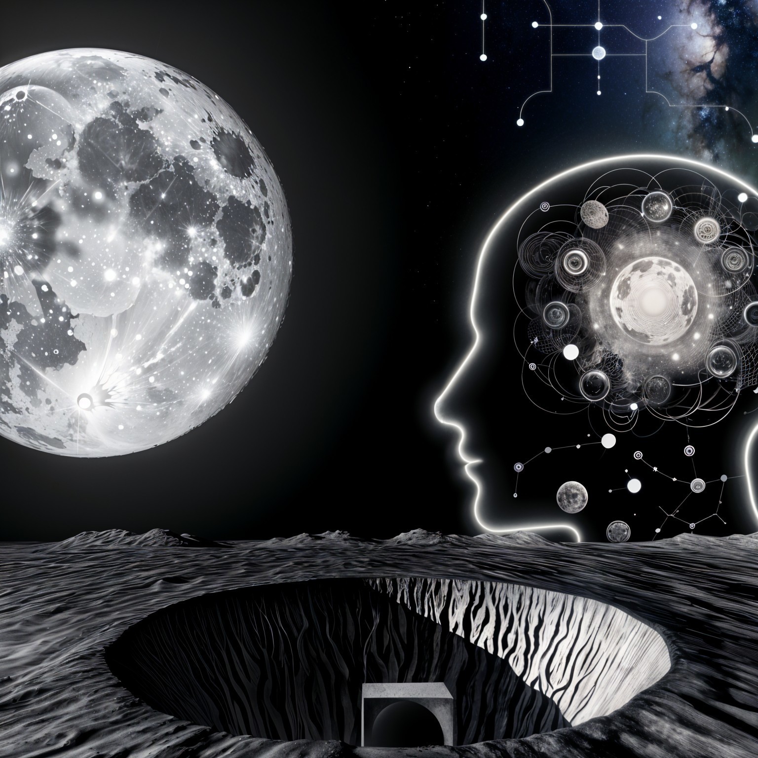 Surreal Moonlit Scene with Celestial Human Silhouette