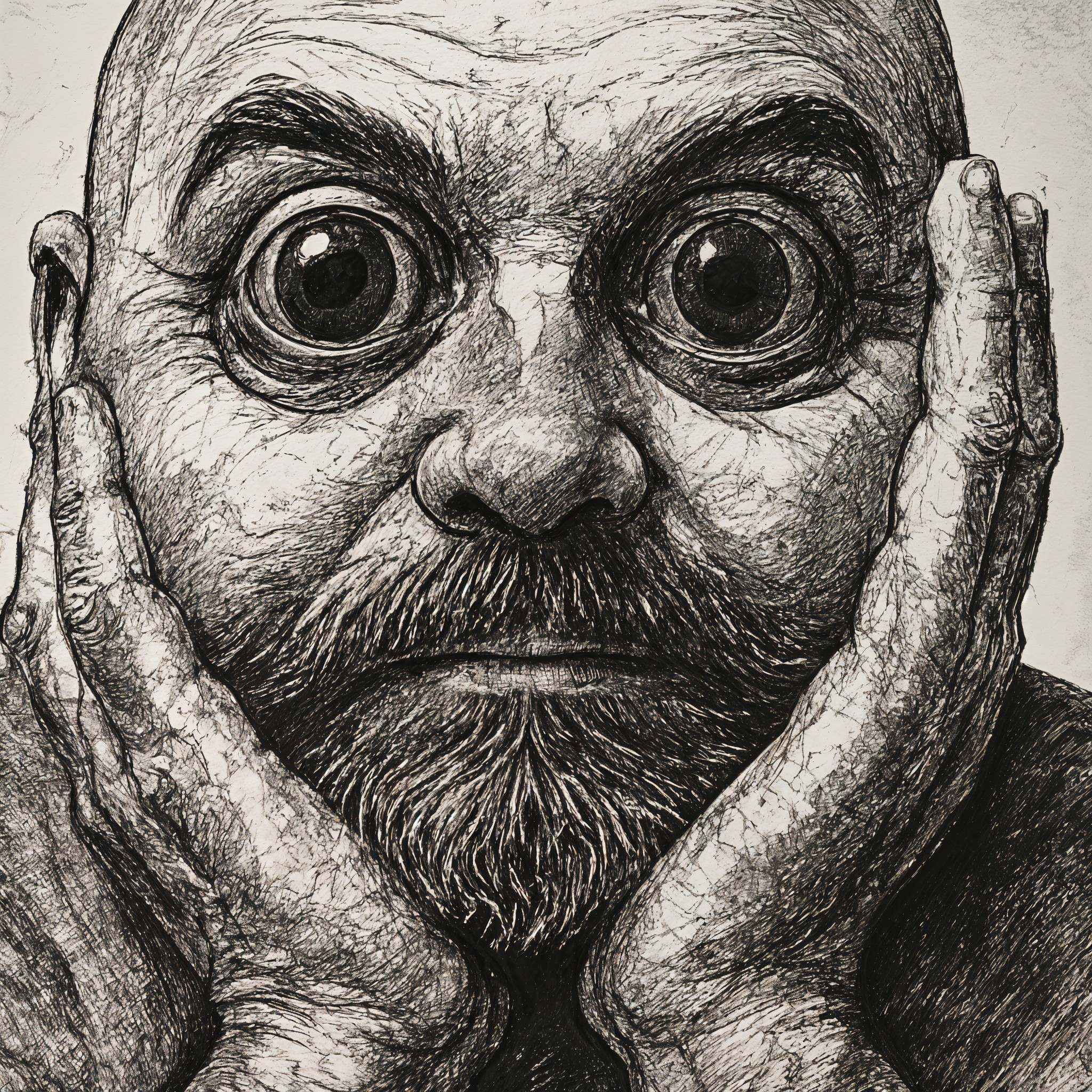 Close-up of a man's face in black and white illustration