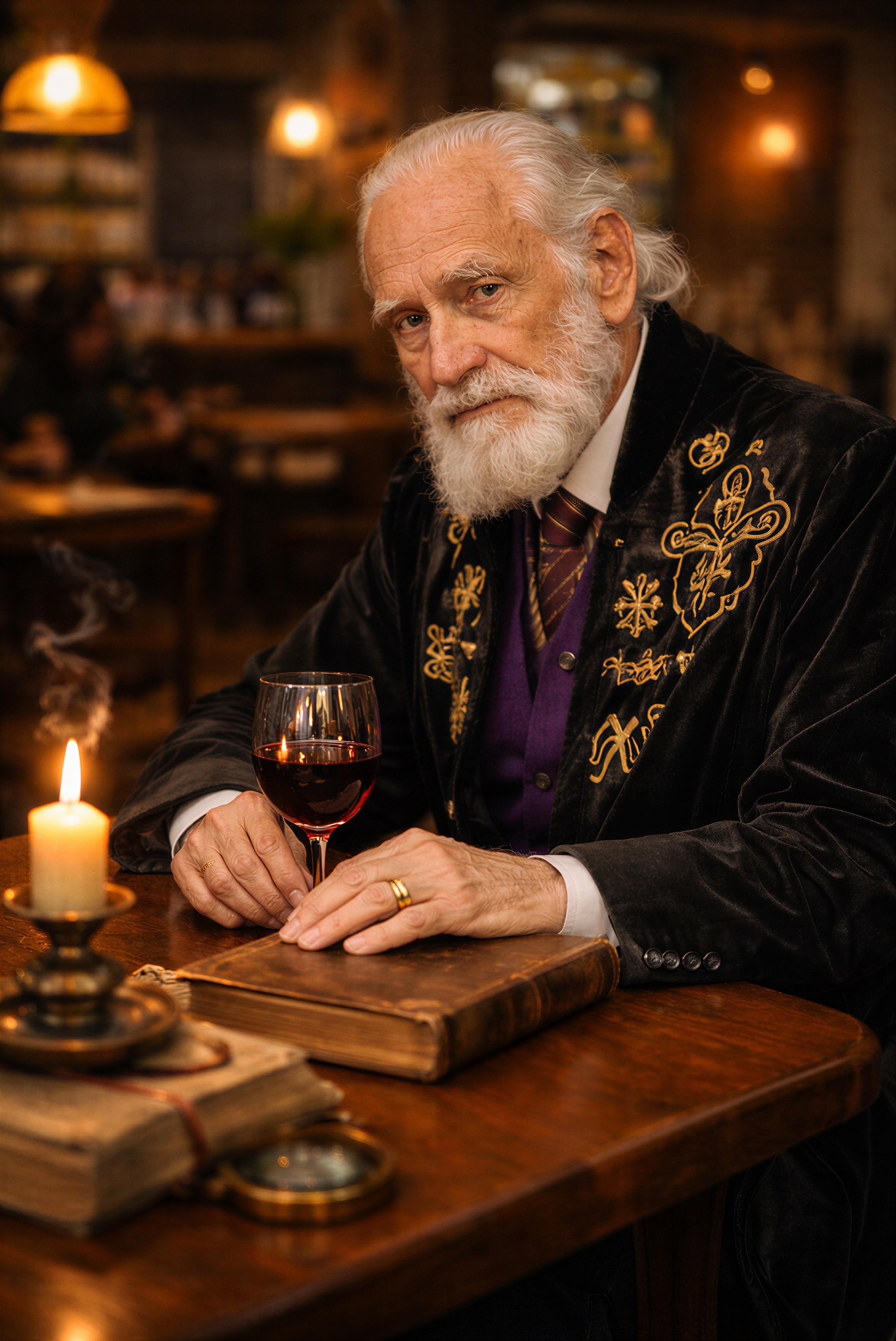 An older man in a velvet jacket at a wooden table