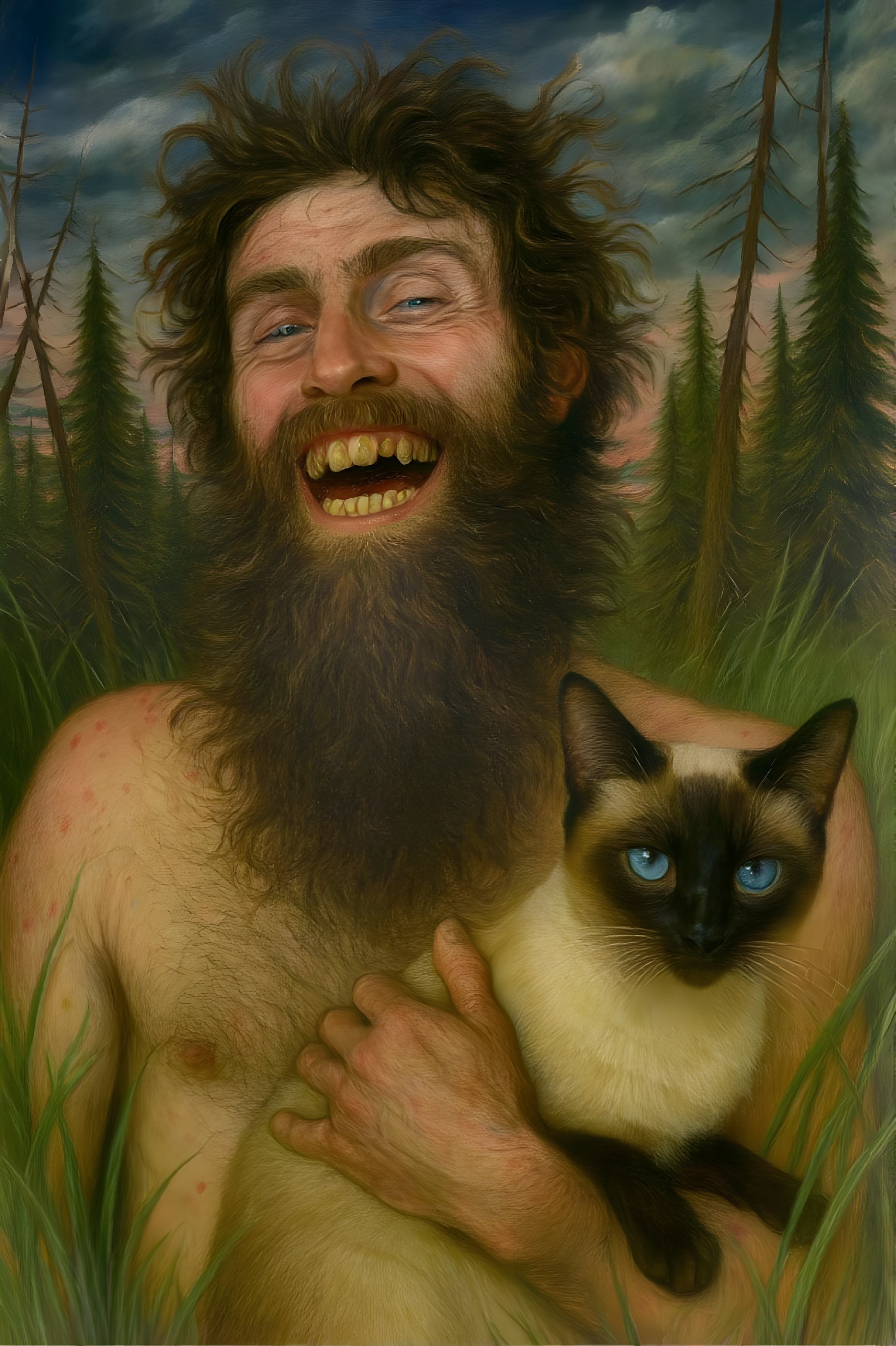 Cheerful man with Siamese cat in natural setting