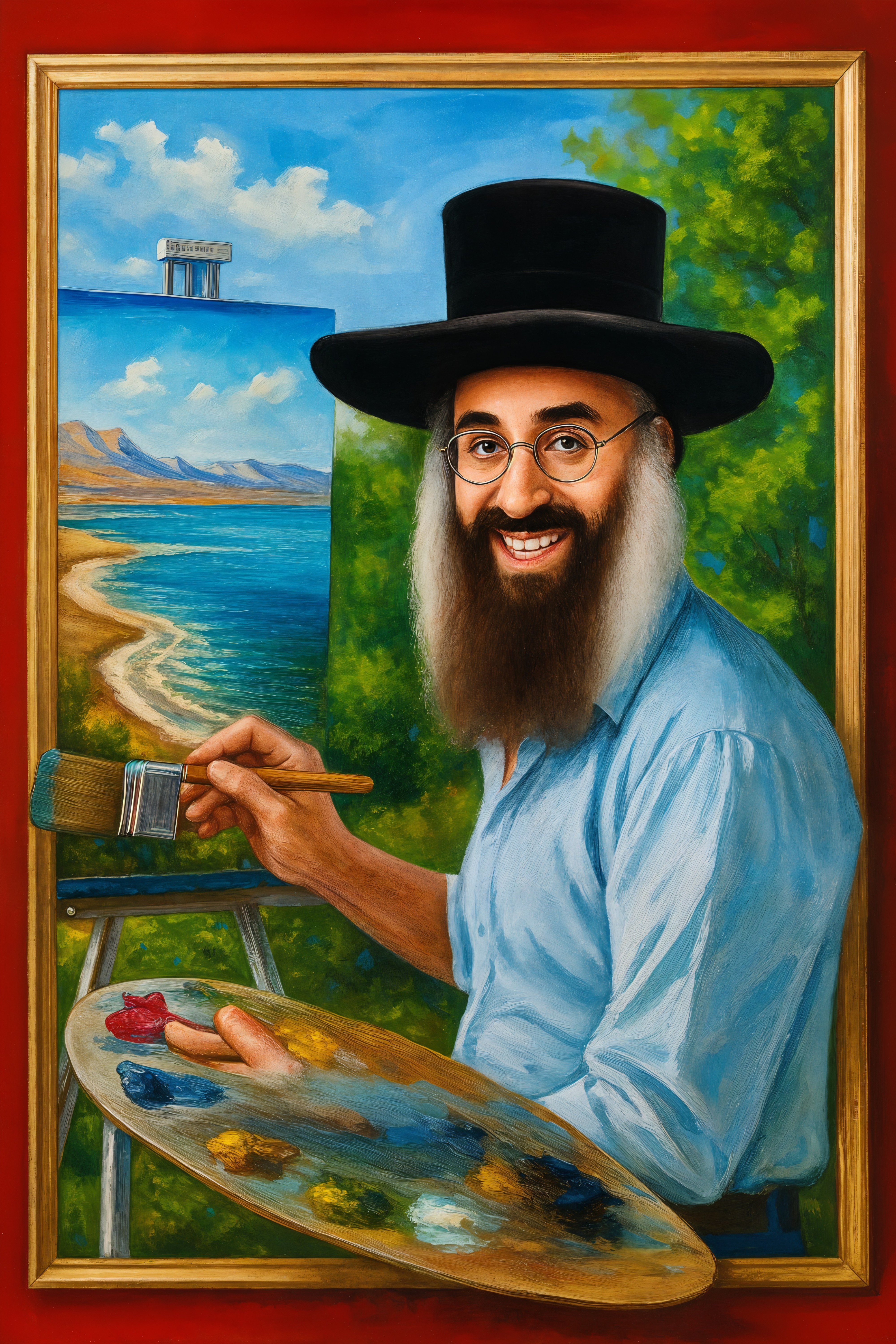 Cheerful Painter with Vibrant Palette and Scenic Canvas