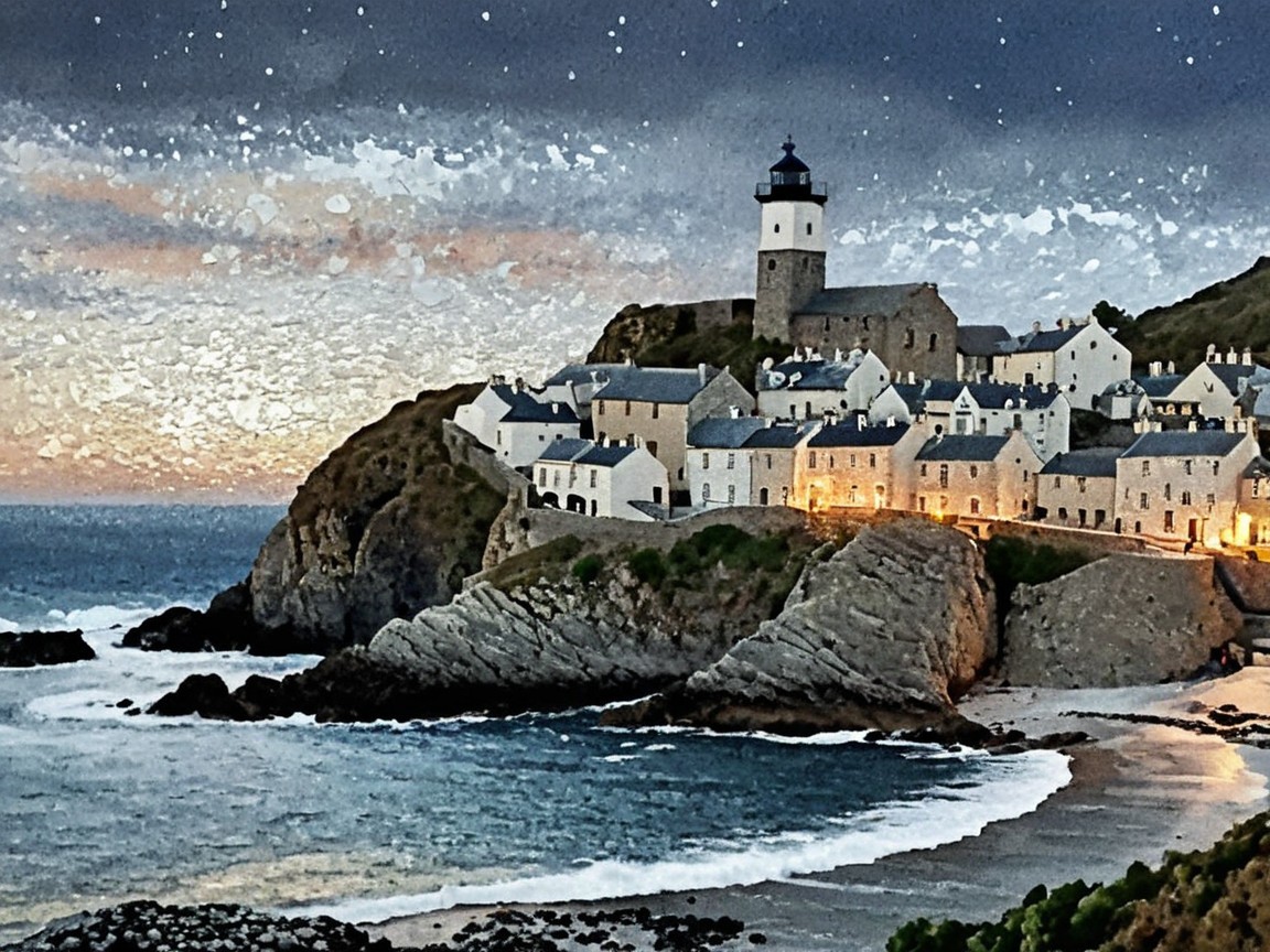 Impressionistic Painting of Coastal Town at Twilight