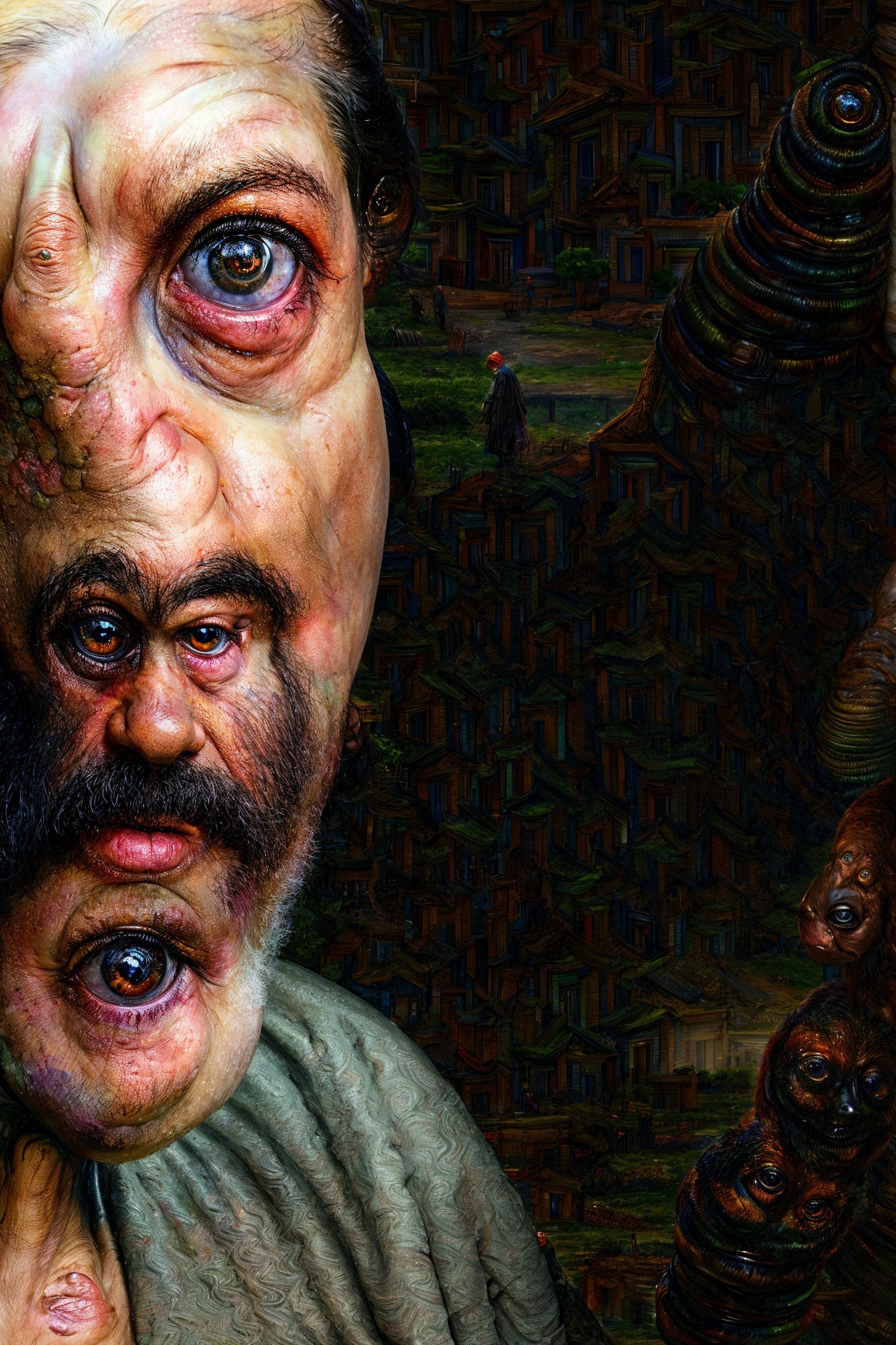 Surreal Composition of Distorted Human Faces and Shapes