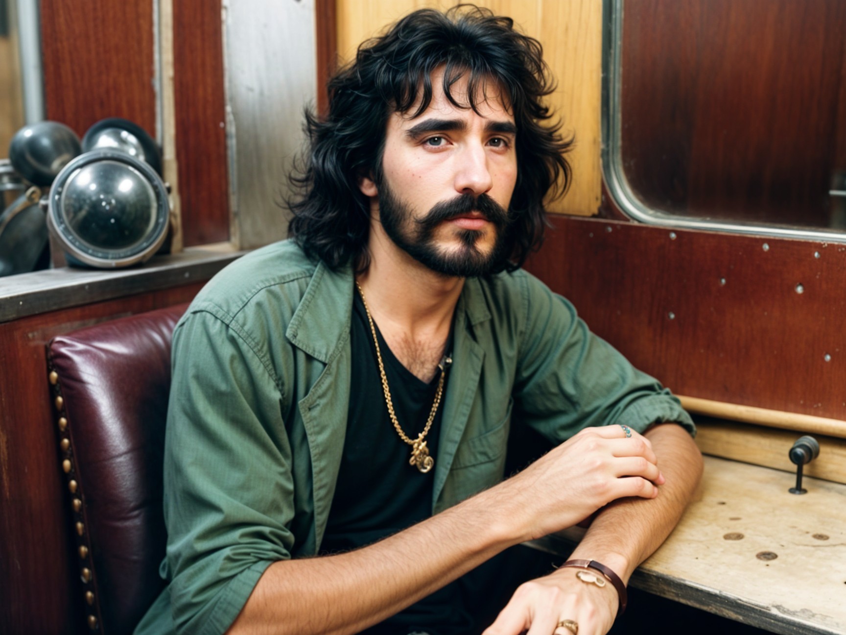 Man with Dark Hair in Vintage Train Carriage Setting
