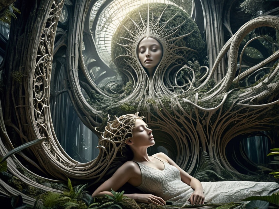 Serene Woman with Nature-Inspired Tree Figure