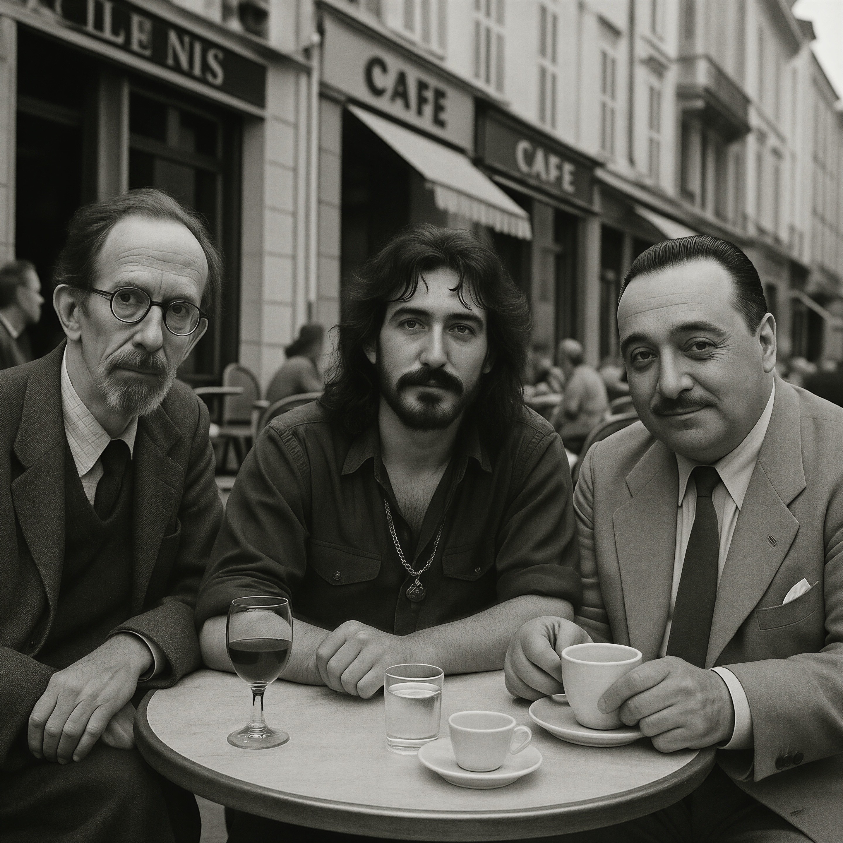 Three Men at Outdoor Café Table with Distinct Styles