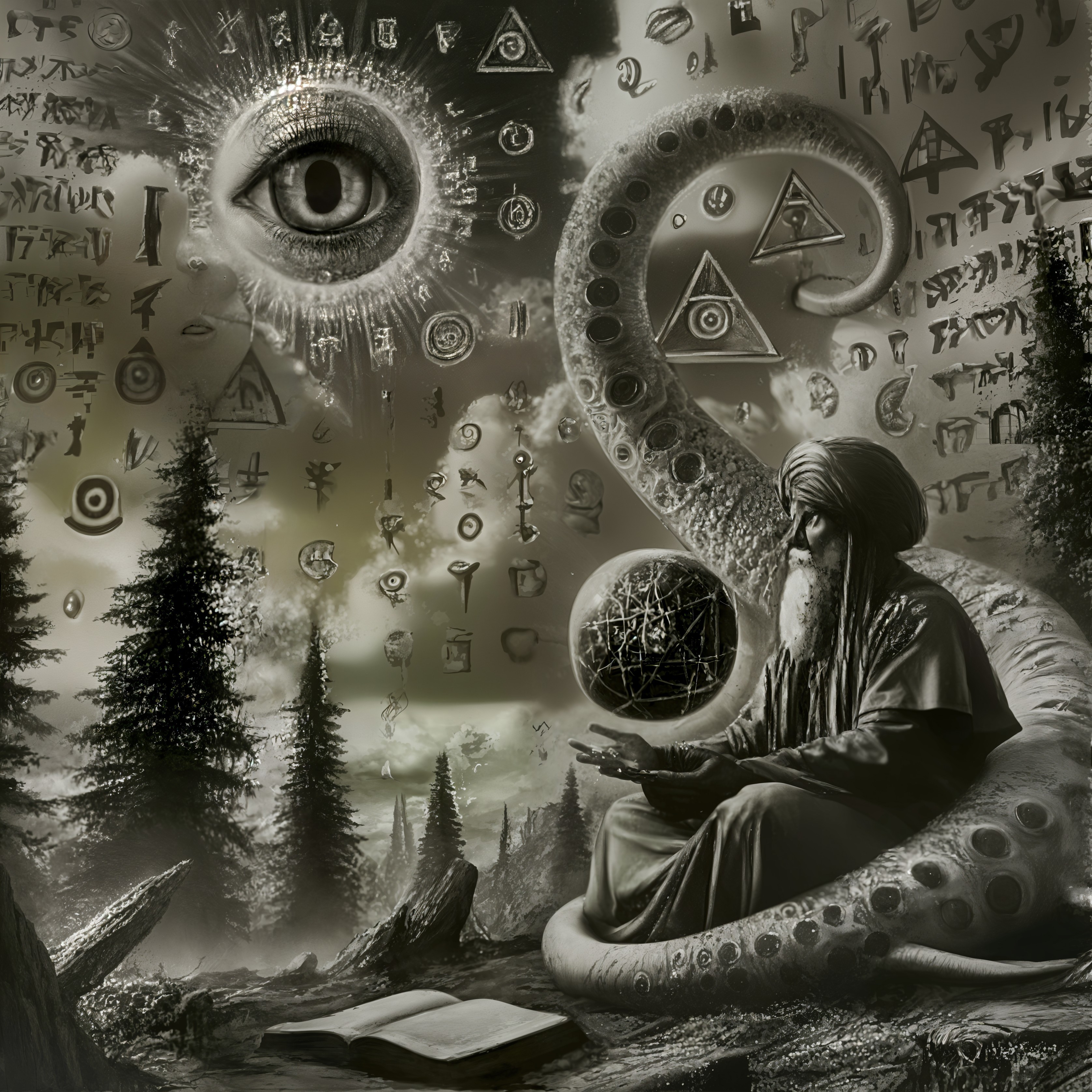 Elderly Sage Surrounded by Mystical Elements and Symbols