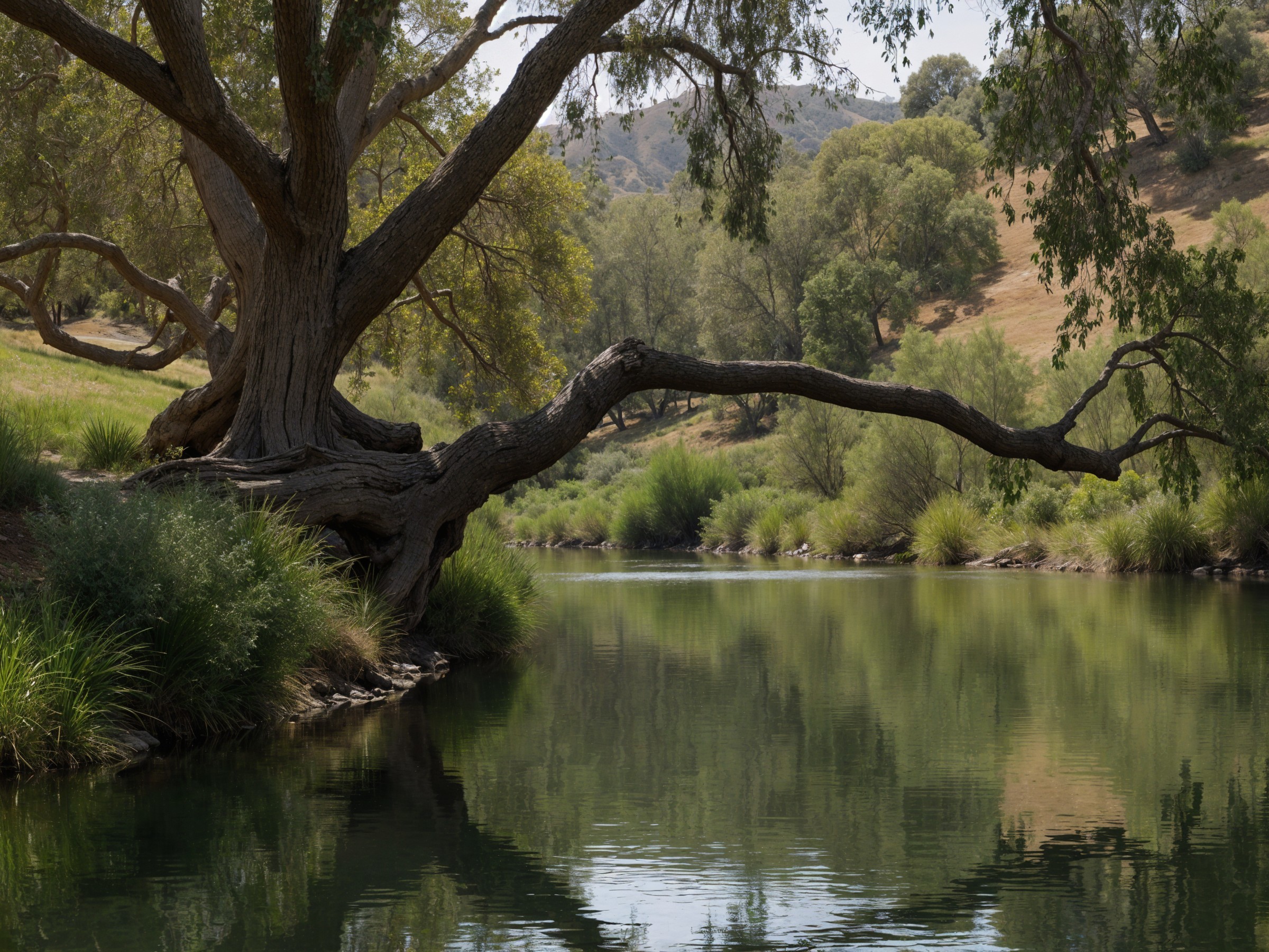 Serene landscape with river and ancient tree in hills