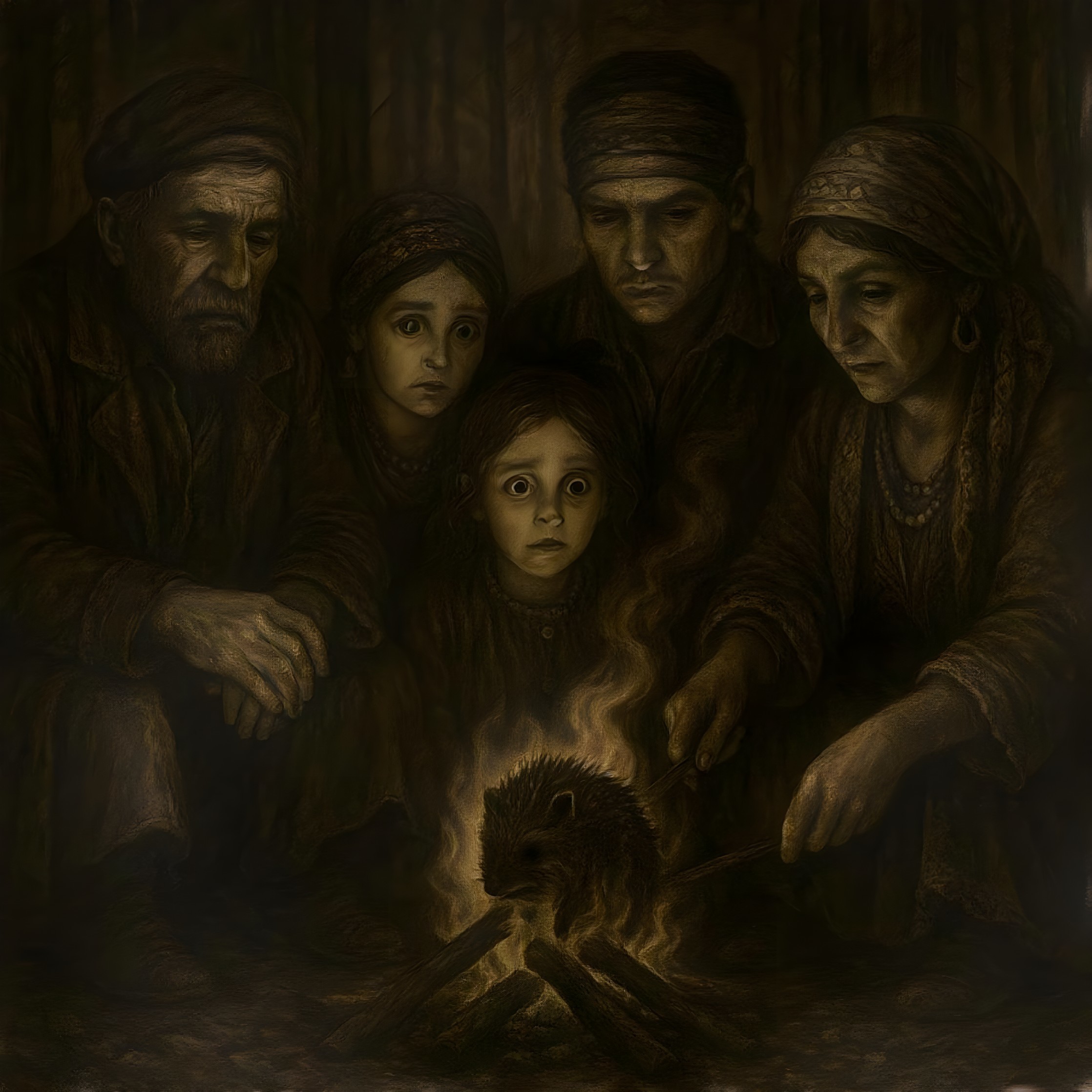 Group Around Campfire in Dim Forest with Hedgehog