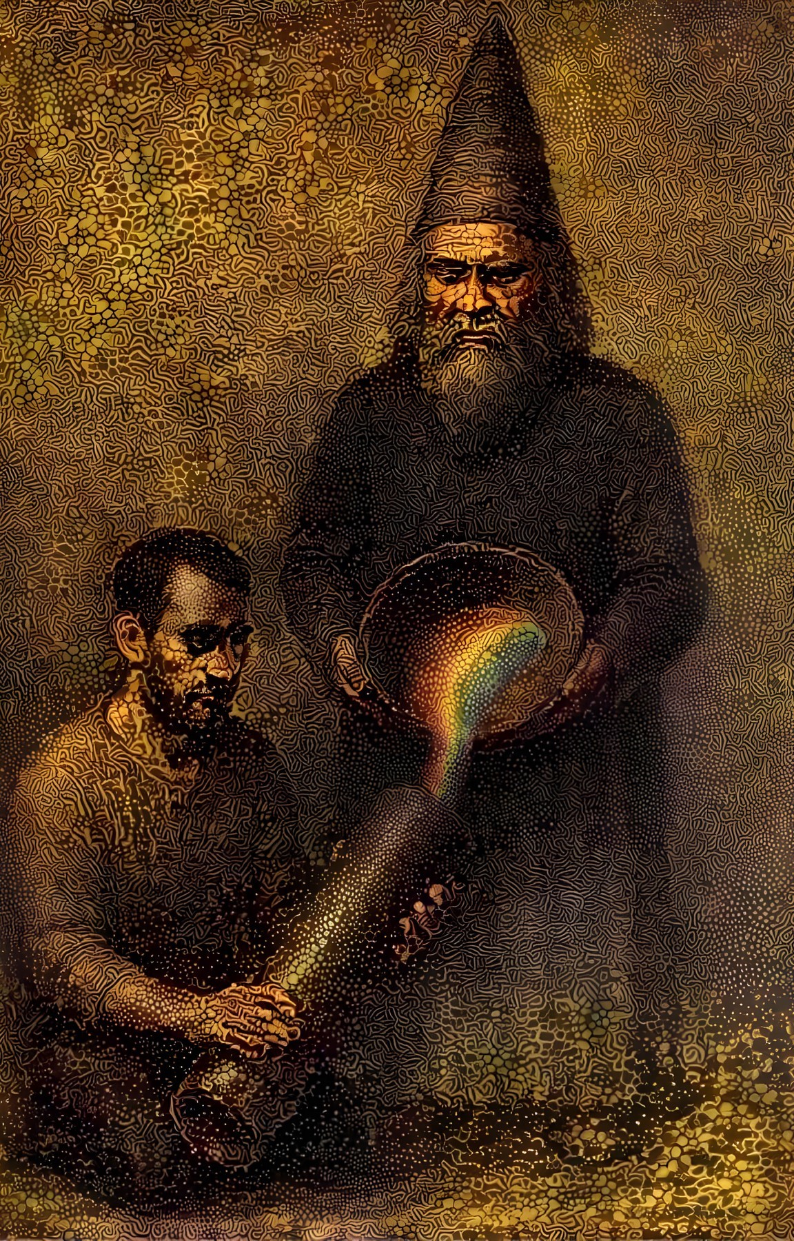 Mystical Scene with Figures and Colorful Light Effects
