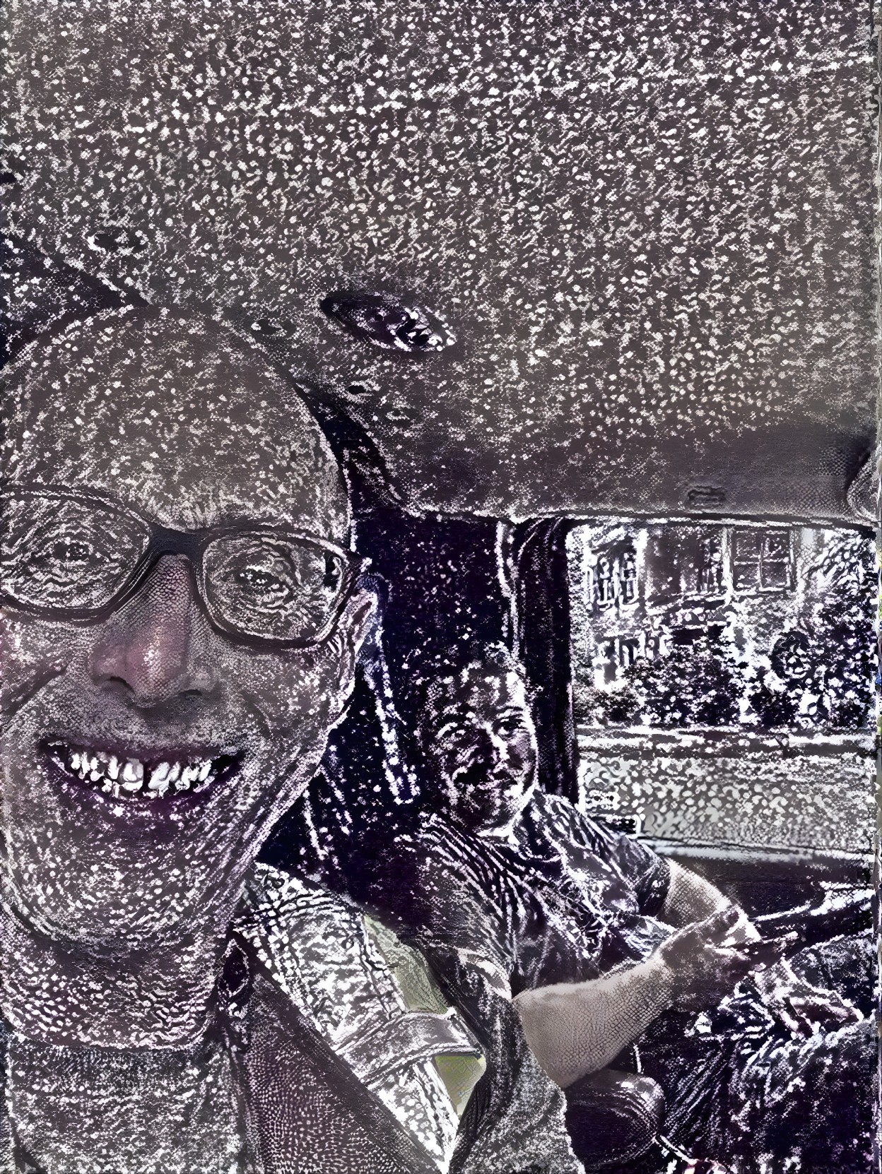 Cheerful Individuals in Vehicle with Textured Effect