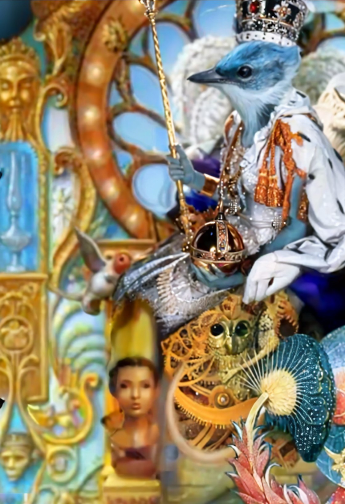 Fantastical Bird Figure in Steampunk Setting