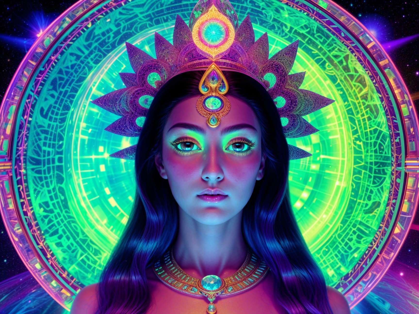 Digital Portrait of a Regal Figure with Halo Patterns