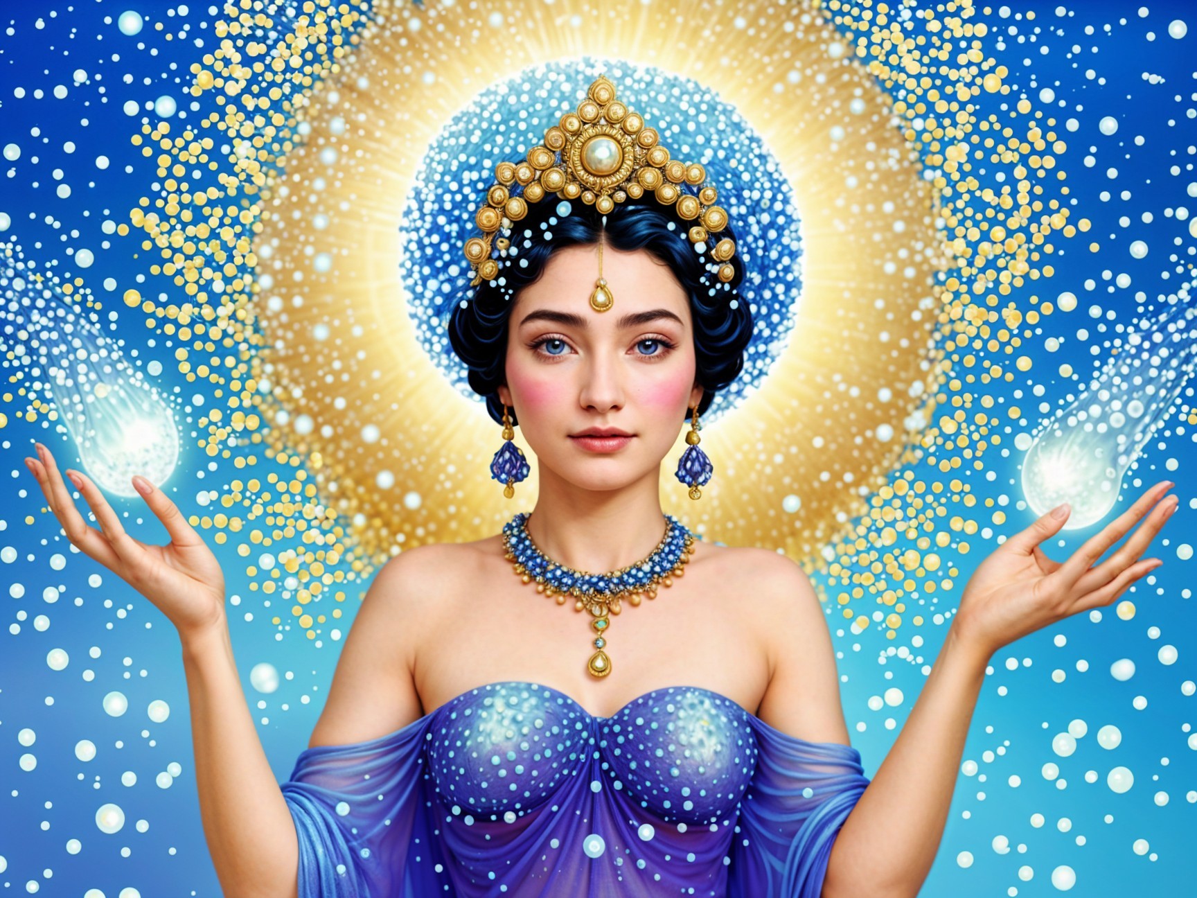 Celestial Figure in Elegant Blue Gown with Orbs