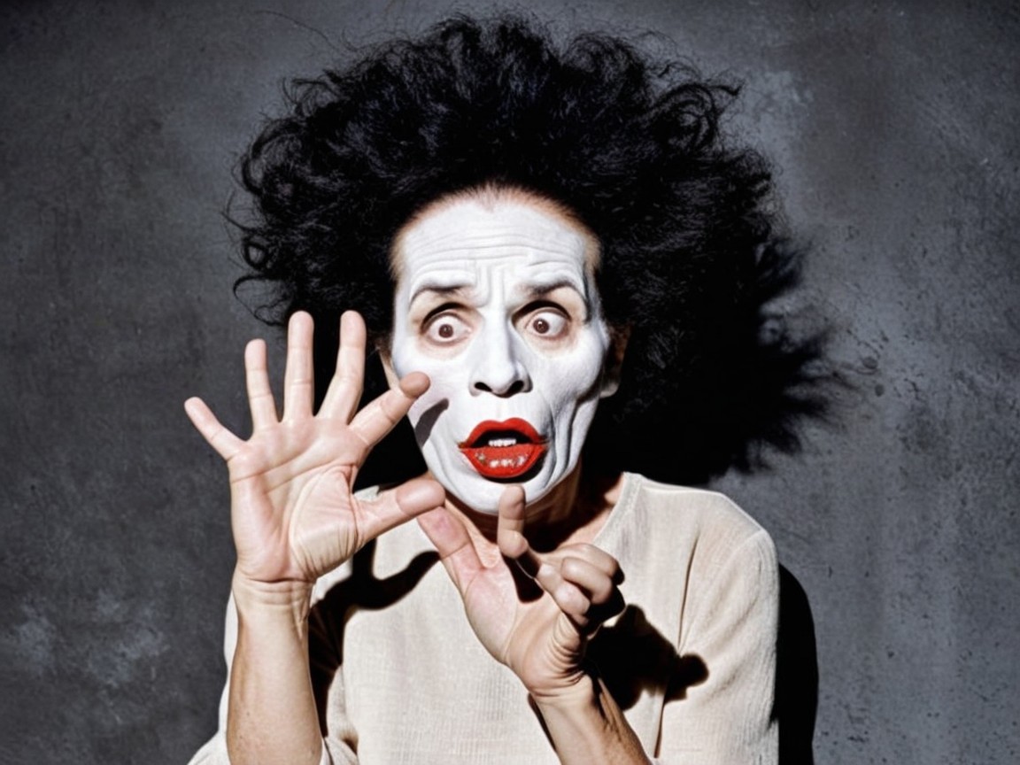 Dramatic Performer with White Face Paint and Red Lips