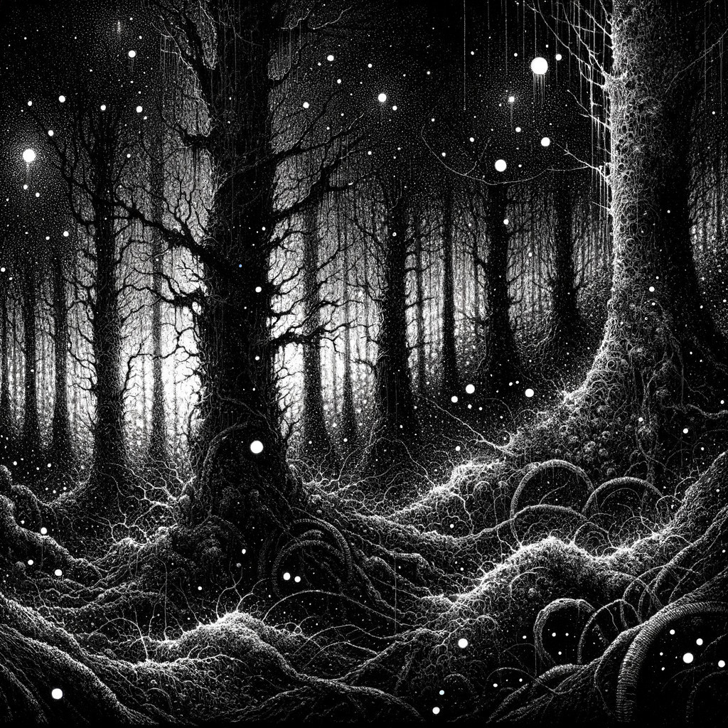 Ethereal Forest with Twisted Trees and Radiant Stars