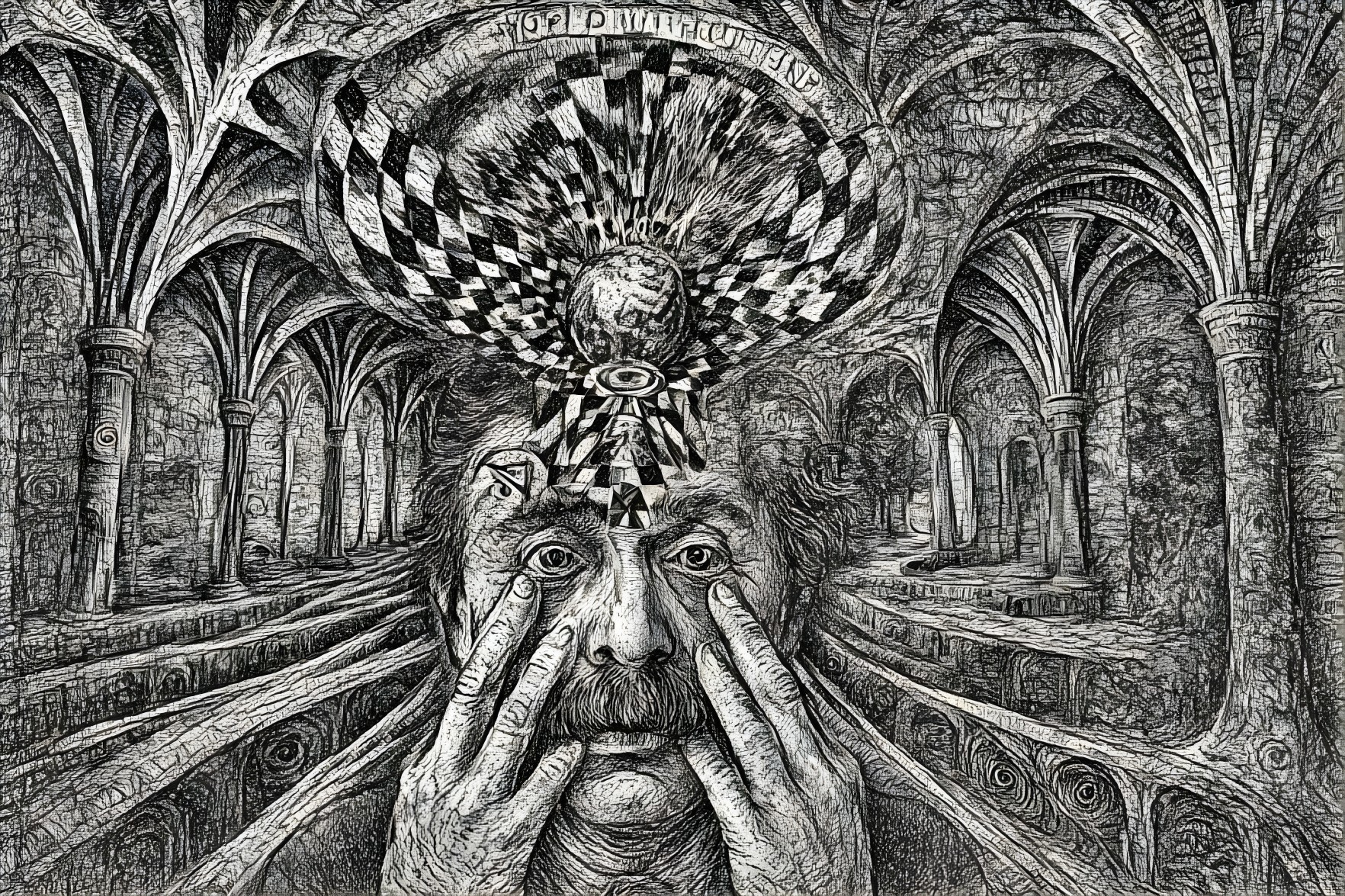 Surreal Artwork with Contemplative Figure and Architecture