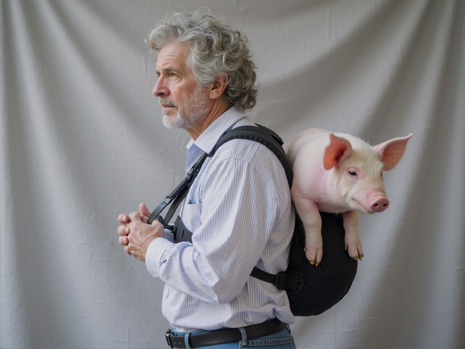 Profile of a man with a piglet in a backpack