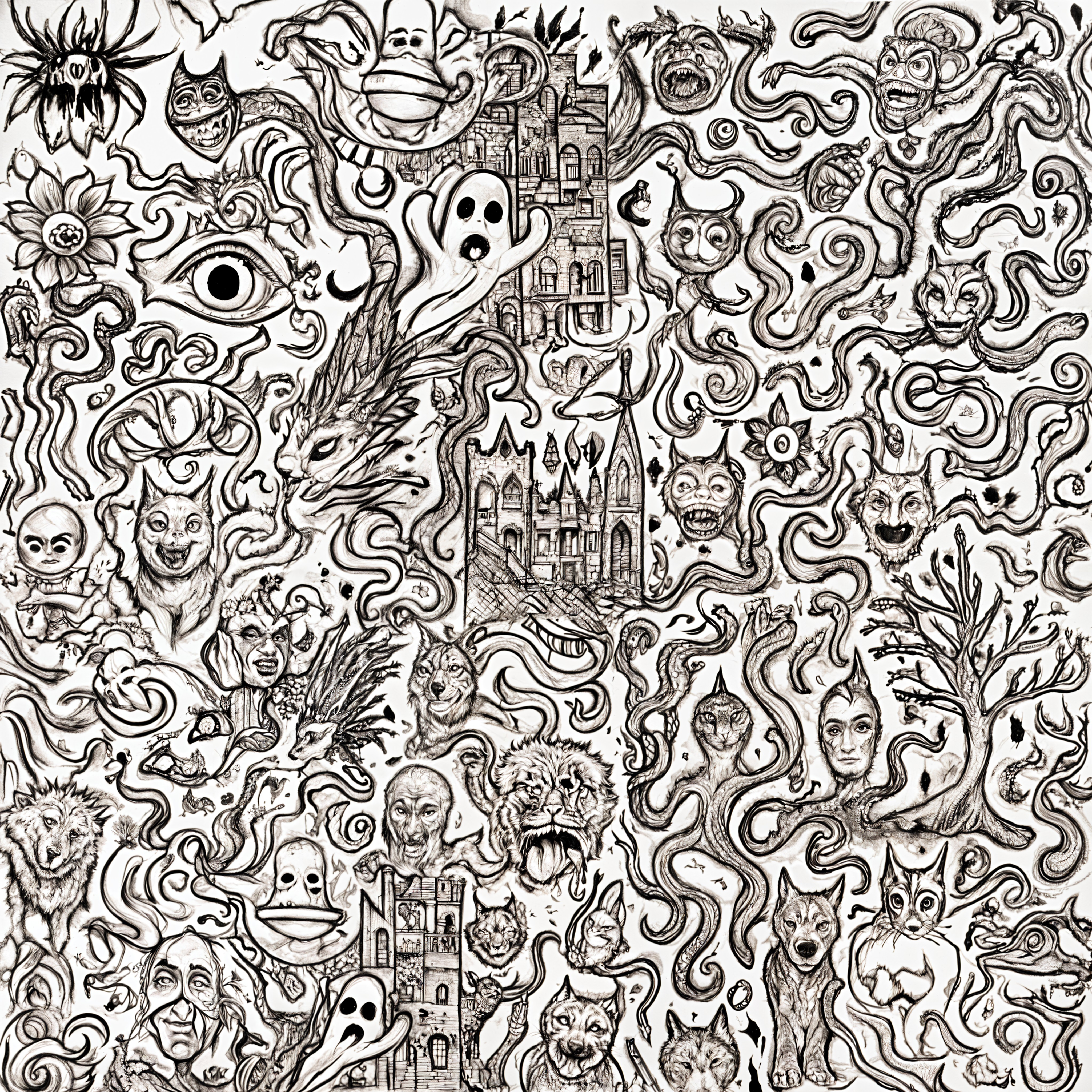 Surreal Illustration with Intricate Figures and Motifs