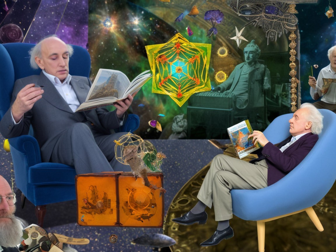 Surreal Scene with Two Men Reading in Cosmic Setting