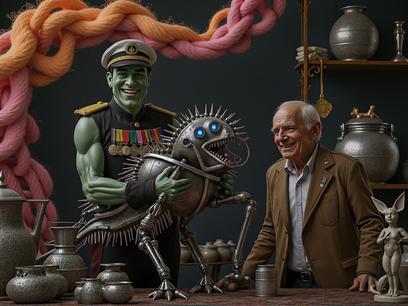 Green-Skinned Character with Robot and Elderly Man
