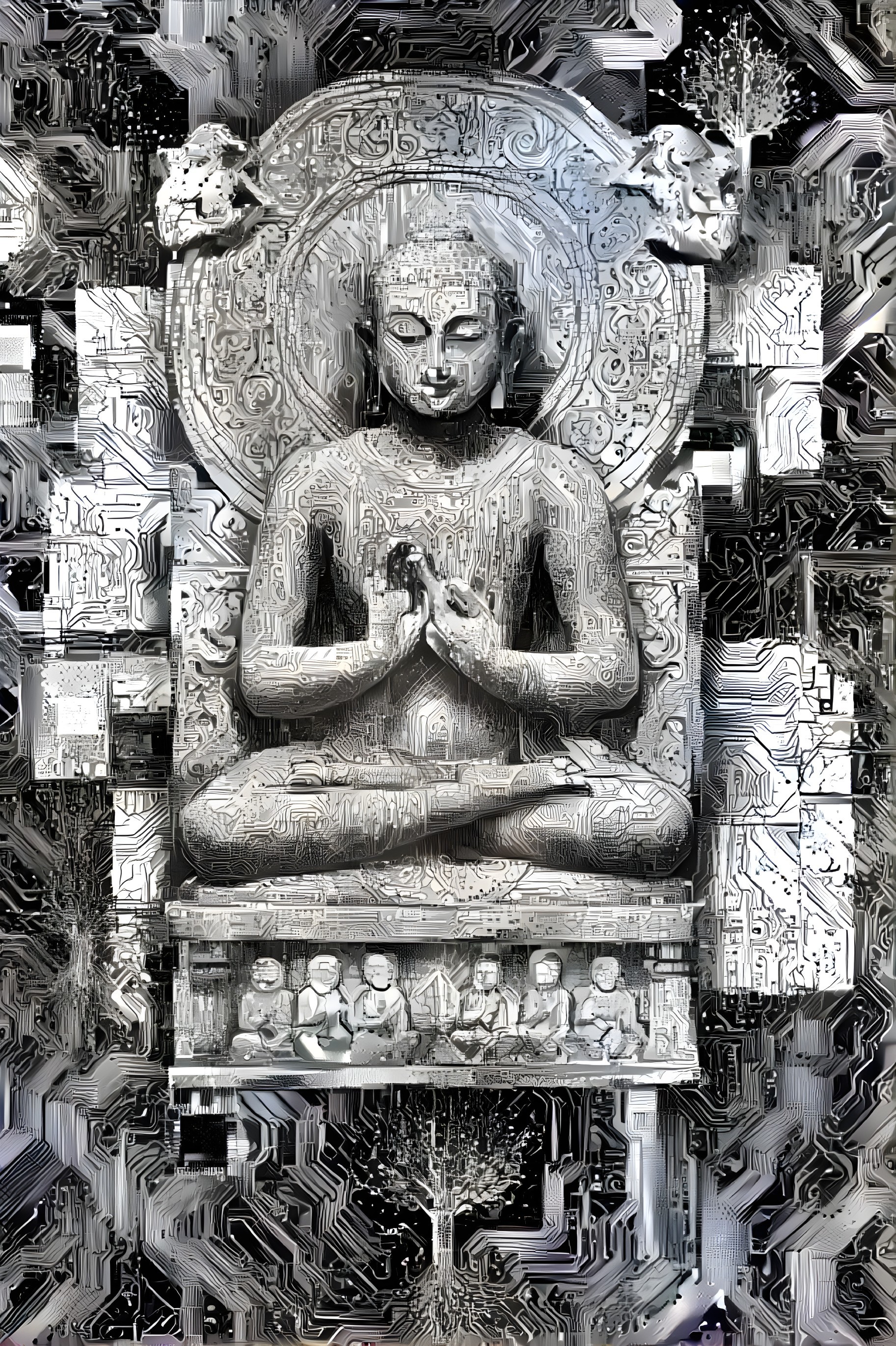 Stylized Buddha with Digital Circuit Patterns
